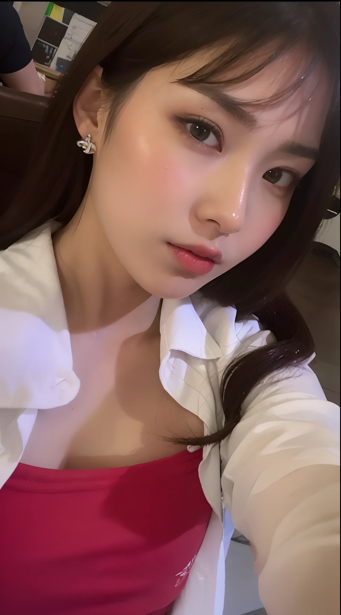 ((Best Quality, 8K, Masterpiece: 1.3)), Sharp: 1.2, Perfect Body Beauty: 1.4, Slim Abs: 1.2, ((Layered Hairstyle, Big Breasts: 1.2)), (Wet White Button Long Shirt: 1.1), (Rain, Street: 1.2), Highly detailed face and skin texture, detailed eyes, double eyelids, side face looking at the camera