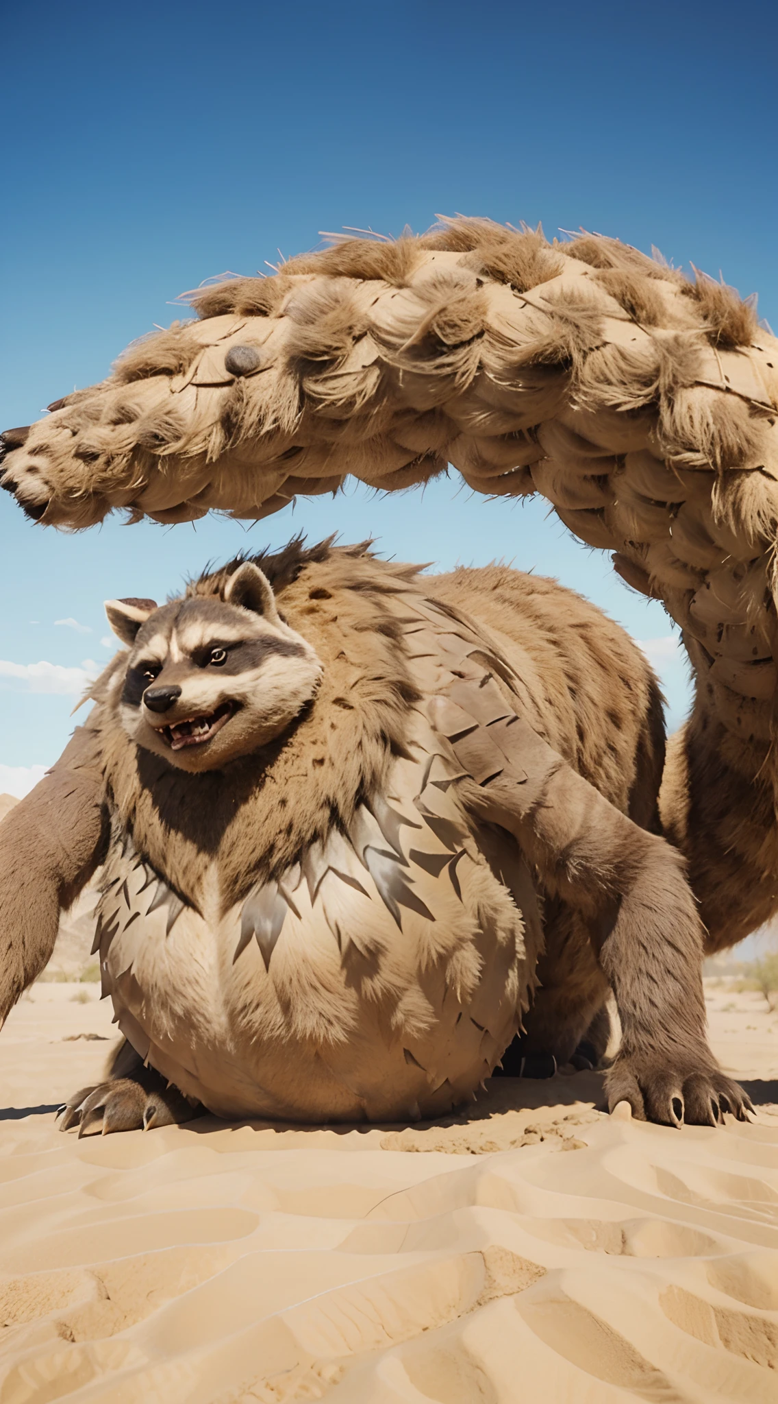 Realistic Giant monster, its head resembles an angry raccoon,same horn, has 1 tail, its entire body is made from sand and has same pattern, realistic light, realistic shadow, realism, hyper realistic,(photorealistic:1.2), realistic desert background,(His hands had a gripped expression)