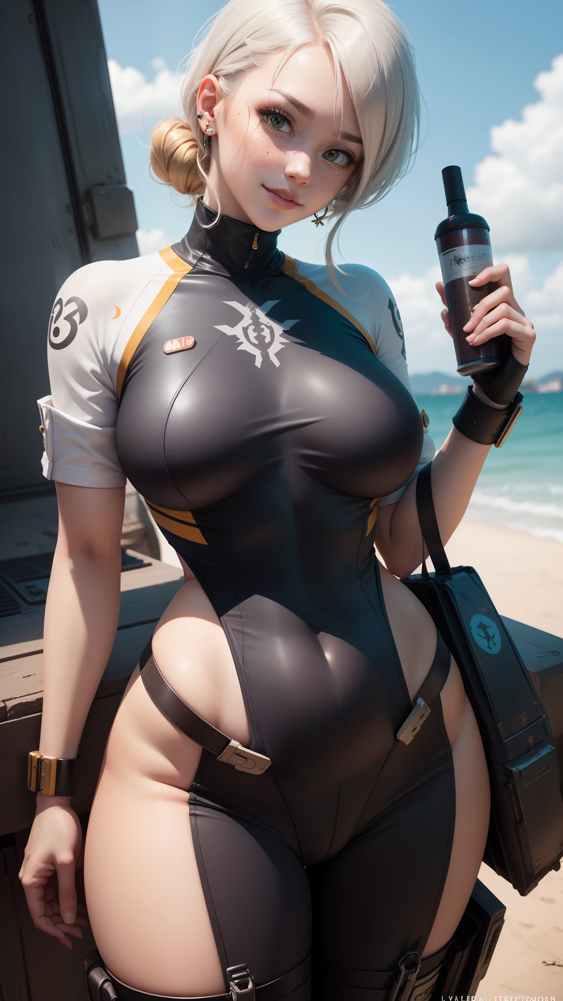 gwen tennyson,tracer,powergirl,yorha 2b,1girl,atelier ryza,overwatch,close up, mecha pilot,ocean view,tattoos,orange and silver plugsuit,white short sleeve lycra top,steel cargo pants,uncovered belly,short saiyan hair,cute makeup,green eyes,dimensional golden hair,shy smile,freckles,beautiful girl,large breasts,8k,ultra detailed,realistic,fantasy art,saiyan armor,cyborg armor,steel armor,harbor shore,military uniform,ear piercings,hair pin,super saiyan girl,saiyan female,