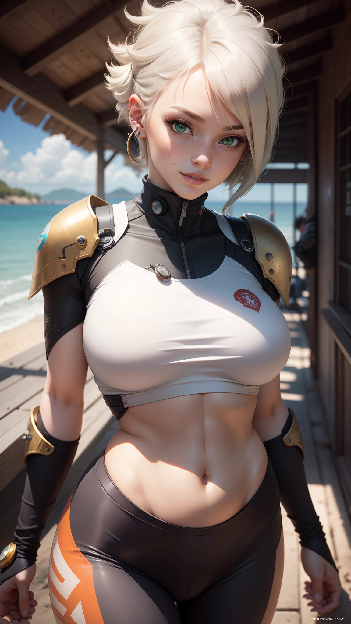 gwen tennyson,tracer,powergirl,yorha 2b,1girl,atelier ryza,overwatch,close up, mecha pilot,ocean view,tattoos,orange and silver plugsuit,white short sleeve lycra top,steel cargo pants,uncovered belly,short saiyan hair,cute makeup,green eyes,dimensional golden hair,shy smile,freckles,beautiful girl,large breasts,8k,ultra detailed,realistic,fantasy art,saiyan armor,cyborg armor,steel armor,harbor shore,military uniform,ear piercings,hair pin,super saiyan girl,saiyan female,