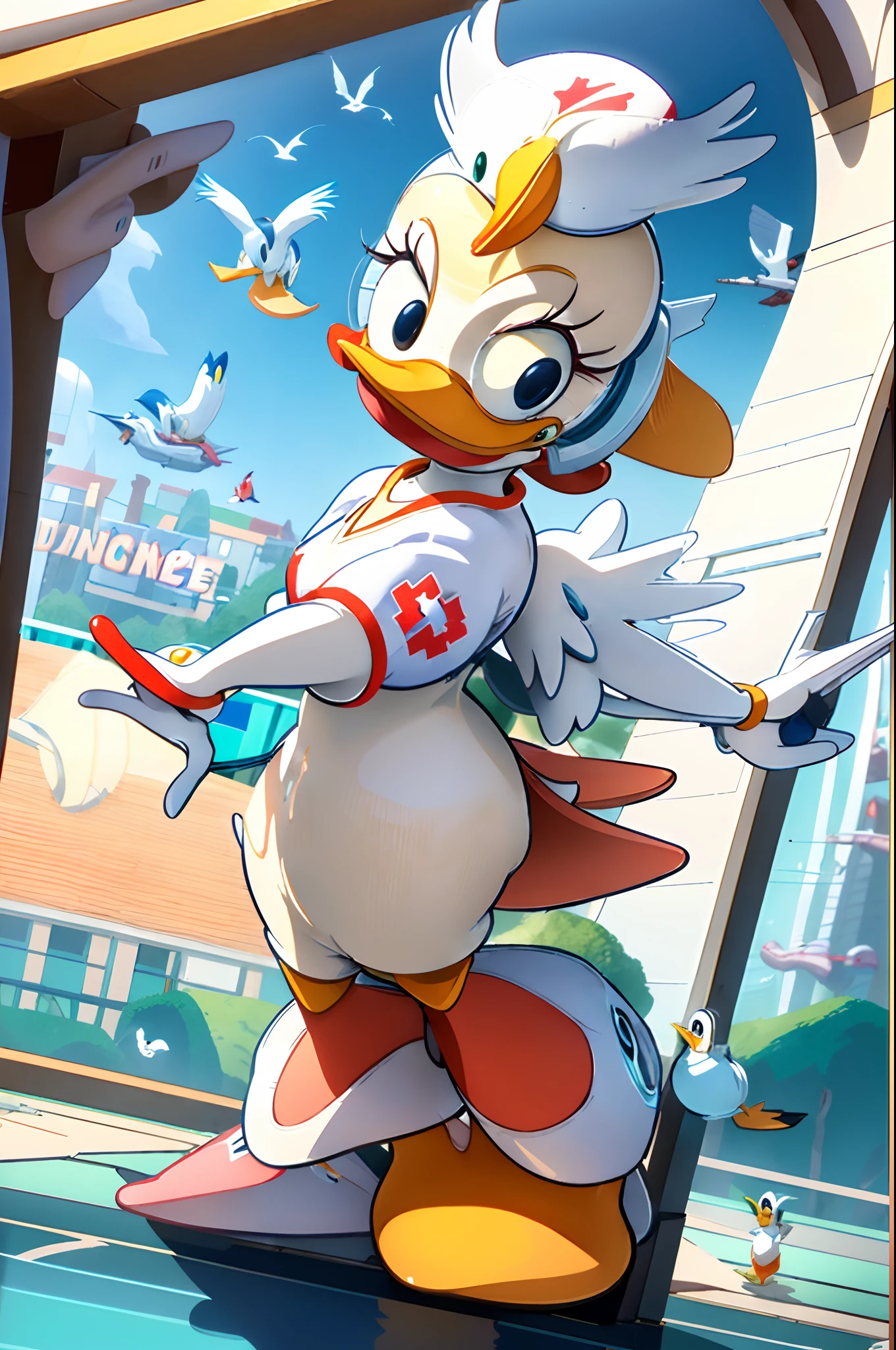 in 8K, Best Quality, masterpiece:1.1, ultra detailed:1.2, realistic:1.3, photo realistic:1.5, dutch angle:1.2,(1 cute nurse cosplay character with bird motif like donald duck:1.5),fullBODY,smile,beautiful wing,nice style,In front of the hospital