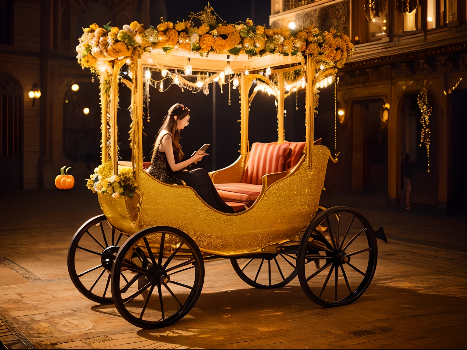 (Ultra-detailed, Realistic:1.37), Glitteringly decorated pumpkin carriage, Vibrant colors, Surrealistic lighting, Glossy texture, dreamy ambiance, high-end fashion photography.