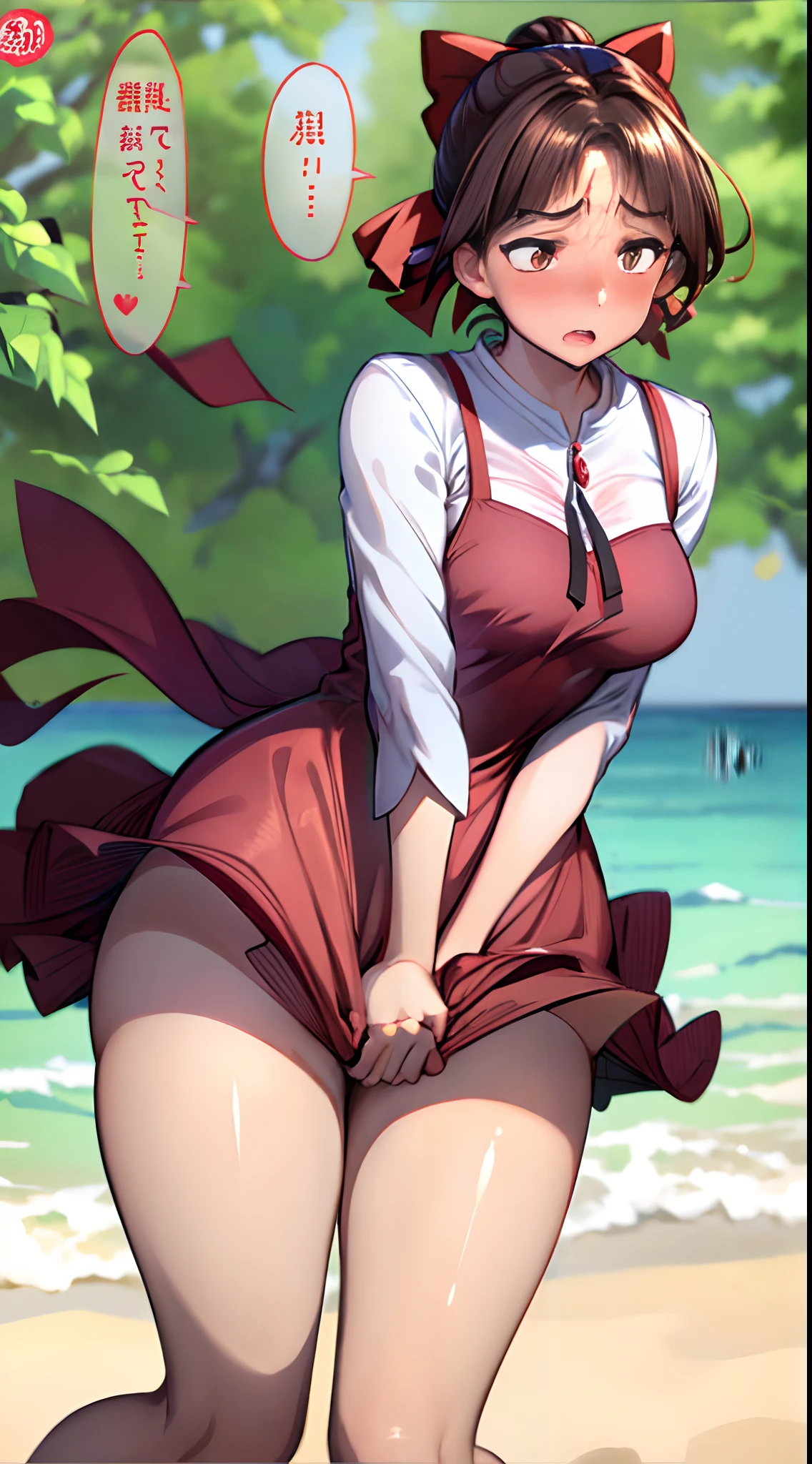 1womanl,Brown hair,Red ribbons ,((Impatient expression)),Beautiful breasts,White shirt,Red dress,well-styled,,(Facing the front)(((Blushing cheeks、embarassed expression)))、The wind almost makes my skirt flip up