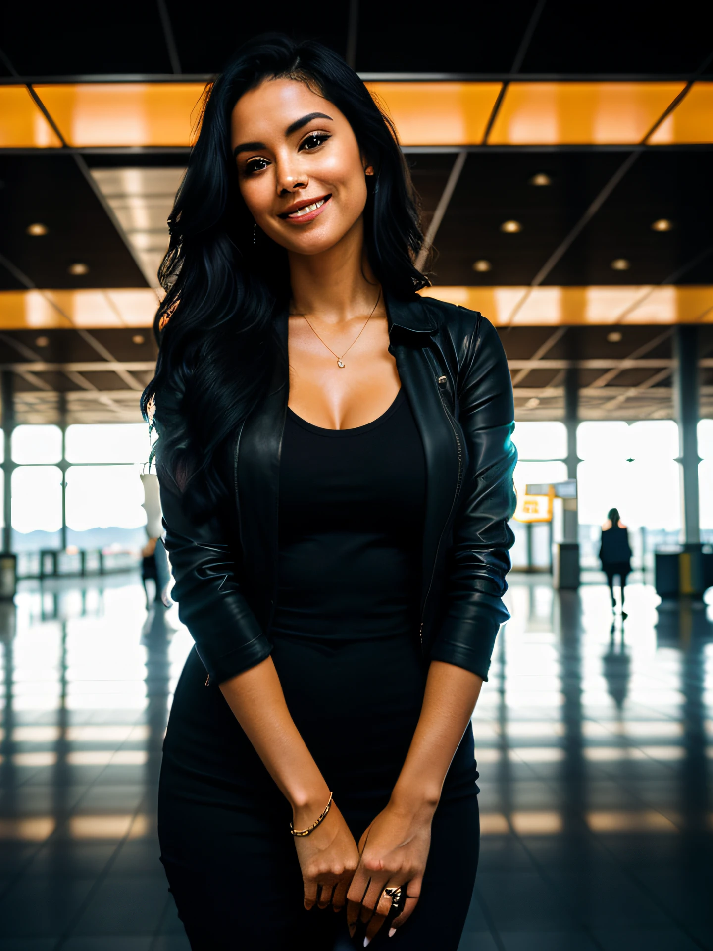 Beautiful woman standing inside of an airport in Monaco. She has long black hair. Woman is smiling with her hands behind her back. Sharp, by Lee Jeffries Nikon D850 film Stock Photography 4 Kodak Portra 400 camera F1.6 Lens Rich Colors Hyper Realistic Texture Dramatic Lighting Trend Unrealengine on ArtStation Cinestill 800