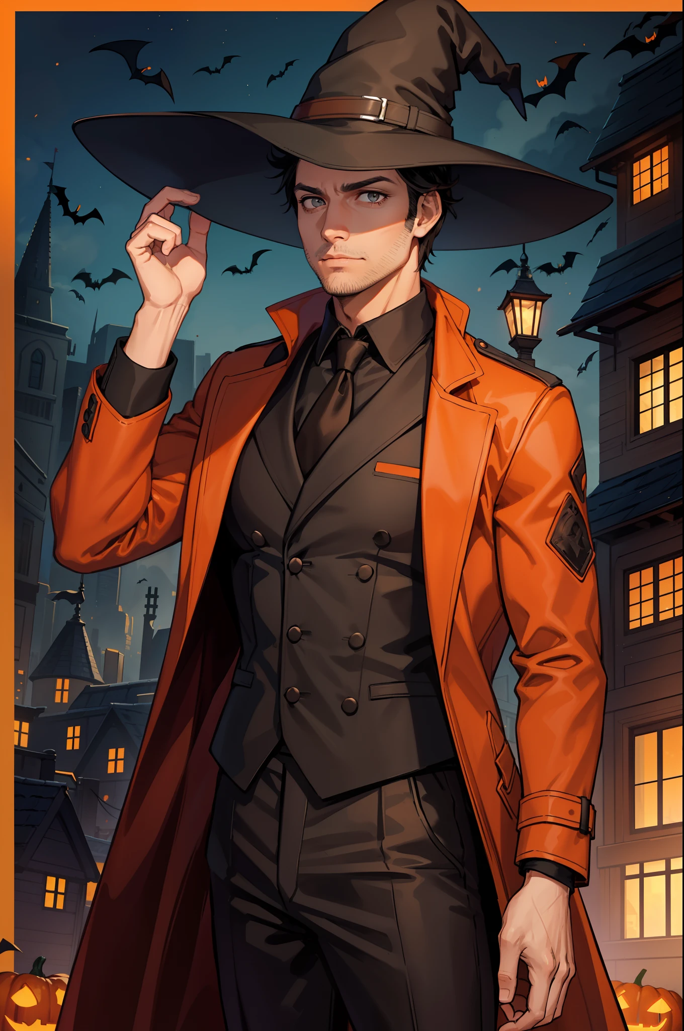 1male, mature male, adult, tall, (muscular), tan, black hair, grey eyes, (stubble:1.3), witch hat, orange trenchcoat, (long sleeves), black pants, halloween, Halloween background, night city background