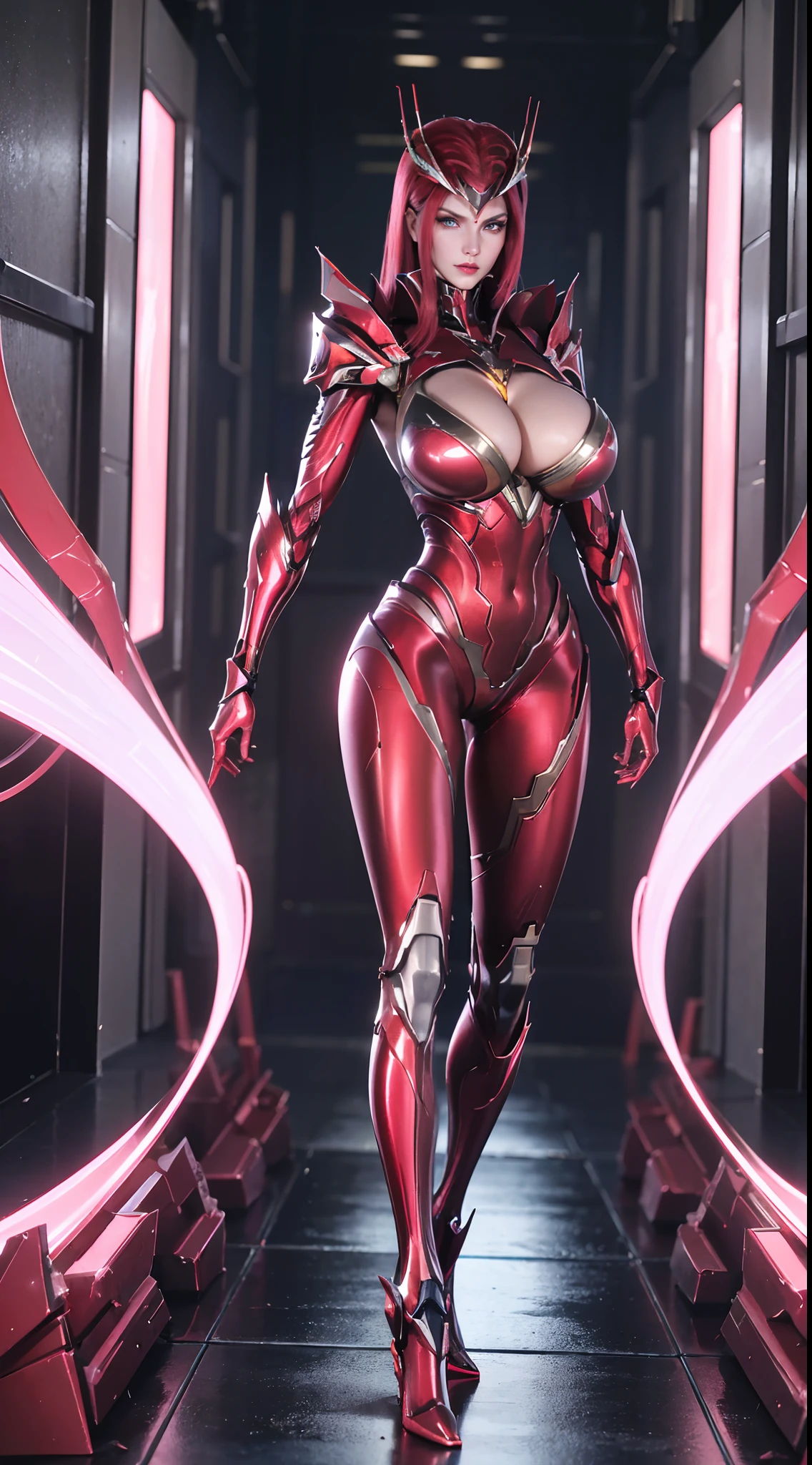 (1GIRL, ALONE, SOLO), (super detailed face), (red long hair: 0.8), ((Phoenix Headwear)), (BIG BUTTOCKS, MUSCLE ABS, CLEAVAGE, HUGE FAKE BREASTS:1.5), (GOLD MECHA GUARD ARM:1.3), (RED SHINY MECHA CYBER ARMORED, PURPLE MECHA SKINTIGHT SUIT PANTS, MECHA GUARD ARMOR LEGS, HIGH HEELS:1.5), (THICC MUSCULAR FEMALE BODY, GLOWING SKIN, LONG LEGS, FULL BODY:1.1), (LOOKING AT VIEWER:1.3), (female focus:0.886), (WALKING DOWN HALLWAY OF FUTURISTIC SPACE STATION:1), (BRIGHT LIGHT WHITEROOM:1.2), SUPER TEXTURE, UNREAL ENGINE RENDER, PHYSICALLY-BASED RENDERING, ULTRA HIGHT DEFINITION, 16K, 1080P.