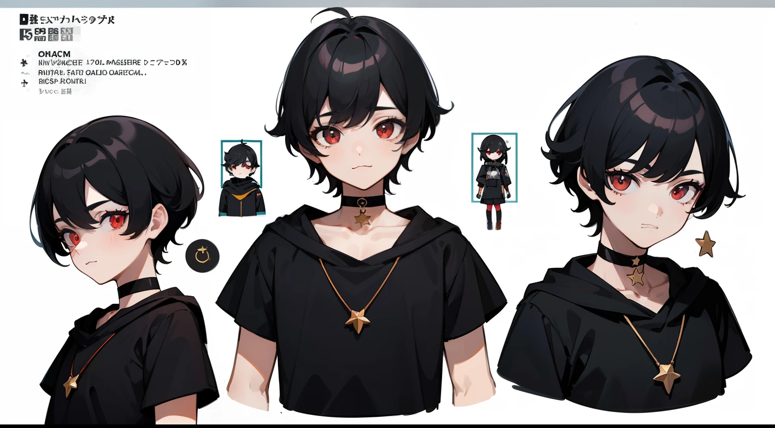 ((Masterpiece, Highest quality)), Detailed face, character sheets, full bodyesbian, Full of details, Multiple poses and expressions, Highly detailed, Depth, Many parts, 1boys,for 6 :3, Black color hair, Black crop top, mitts, Stockings, Black choker, Red eyes, Star (symbol), pupils in symbol shapes