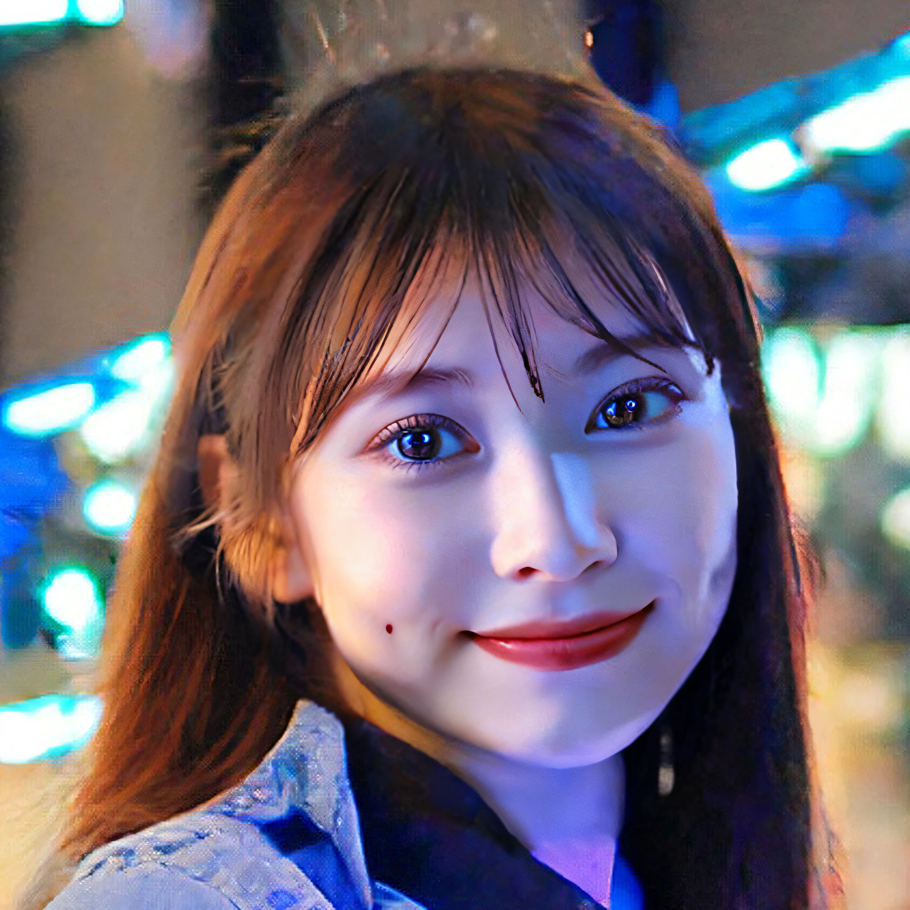 Make your nose and mouth smaller、Eyes, nose and mouth centered on the face、smil,I have bangs、Narrow forehead、Blue light hits your face、Bigger eyes、In a natural、natural make up、(8k, RAW photo, best quality, masterpiece:1.2), (realistic, photo-realistic:1.4), (extremely detailed 8k wallpaper), sharp focus, depth of field, cinematic lighting, soft light,20 years old cute actress,smile