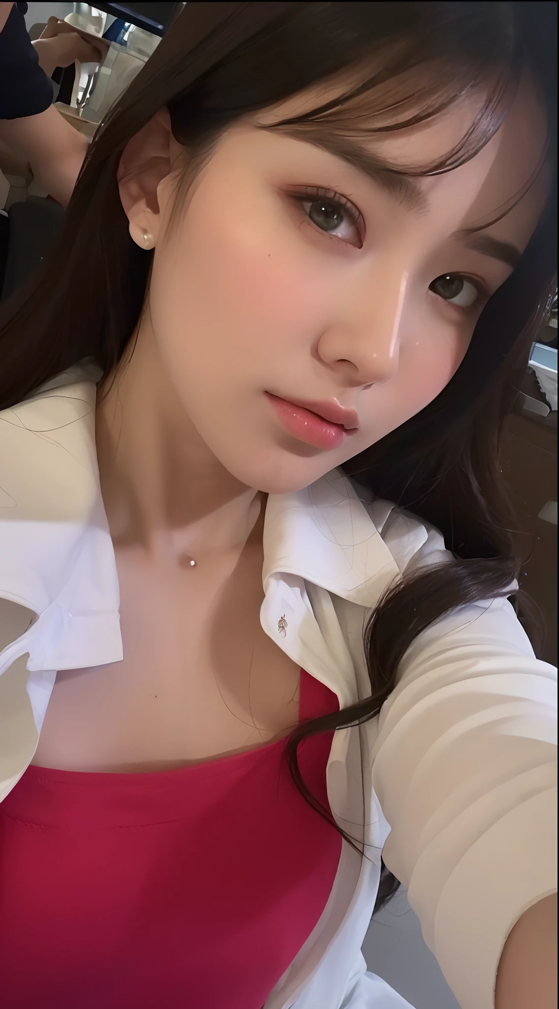 ((Best quality, 8k, Masterpiece: 1.3)), Sharp focus: 1.2, A beautiful woman with perfect body: 1.4, Slim abdomen: 1.2, ((Layered haircut, Large breasts: 1.2)), (no bra) (Small and beautiful hard nipple) (Thin and damp button up to shirt length: 1.1), (White shirt wet by rain), (Rain, Street: 1.2), Wet body: 1.1, Highly detailed face and skin texture,  Detailed eyes, Double eyelid, tanned skin, sexy, tan, dark skin, tanned body, exposed shoulders, cleavage