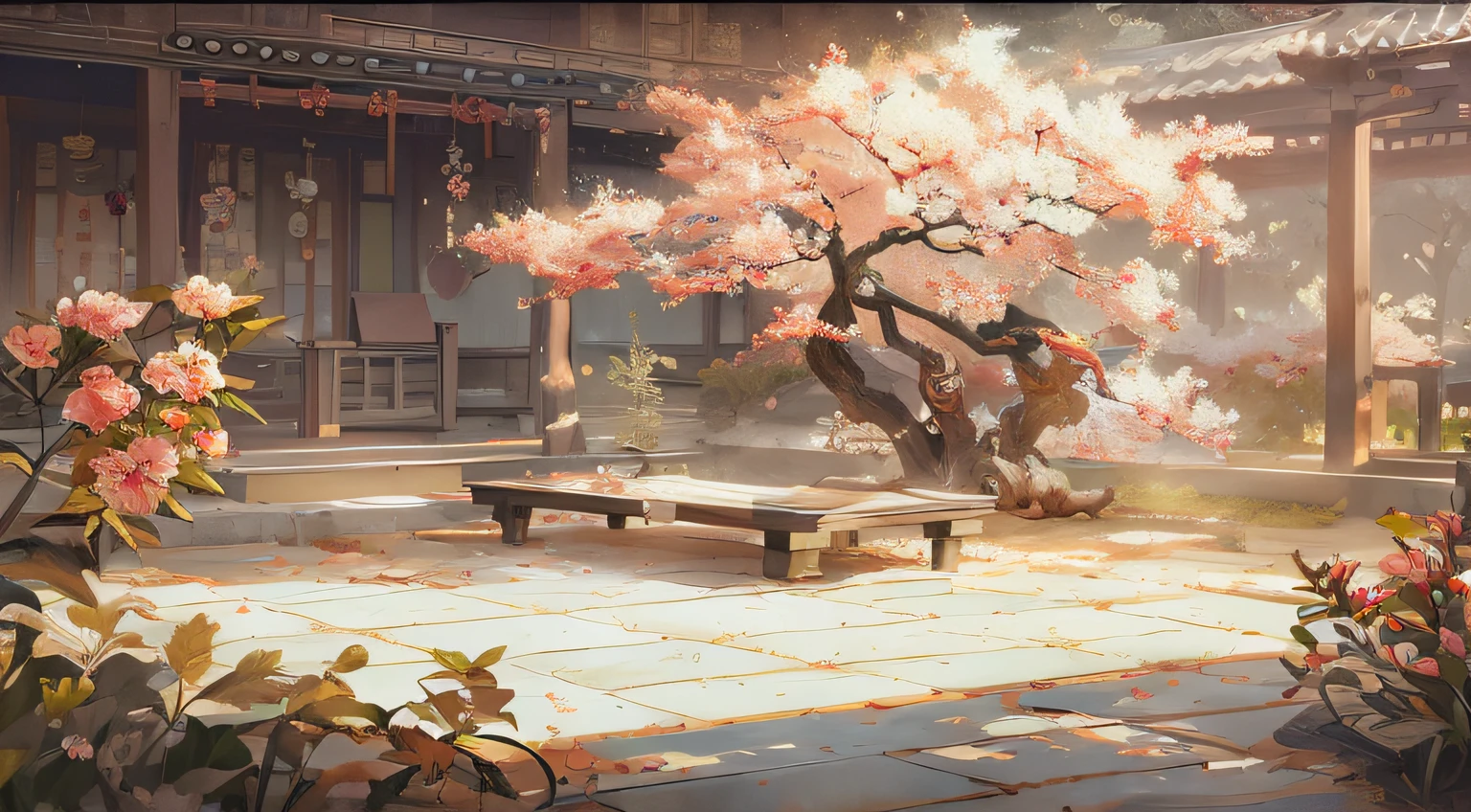 There is a Japanese-style garden painting with benches and trees, A large cherry blossom tree,ross tran. scenery background, Onmyoji detailed art, Relaxing concept art, beautiful concept art, by Bayard Wu, author:Zhou Chen, G Liulian art style, wlop and ross thran, Inspired by Fenghua Zhong, painterly concept art, digital painting concept art
