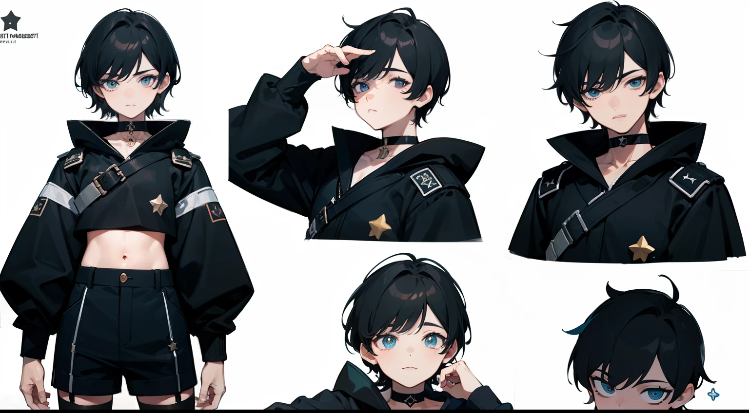 ((Masterpiece, Highest quality)), Detailed face, character sheets, full bodyesbian, Full of details, Multiple poses and expressions, Highly detailed, Depth, Many parts, 1boys,for 6 years old :3, Black crop top, mitts, Stockings, Black choker, The eye, Star (symbol), pupils in symbol shapes
