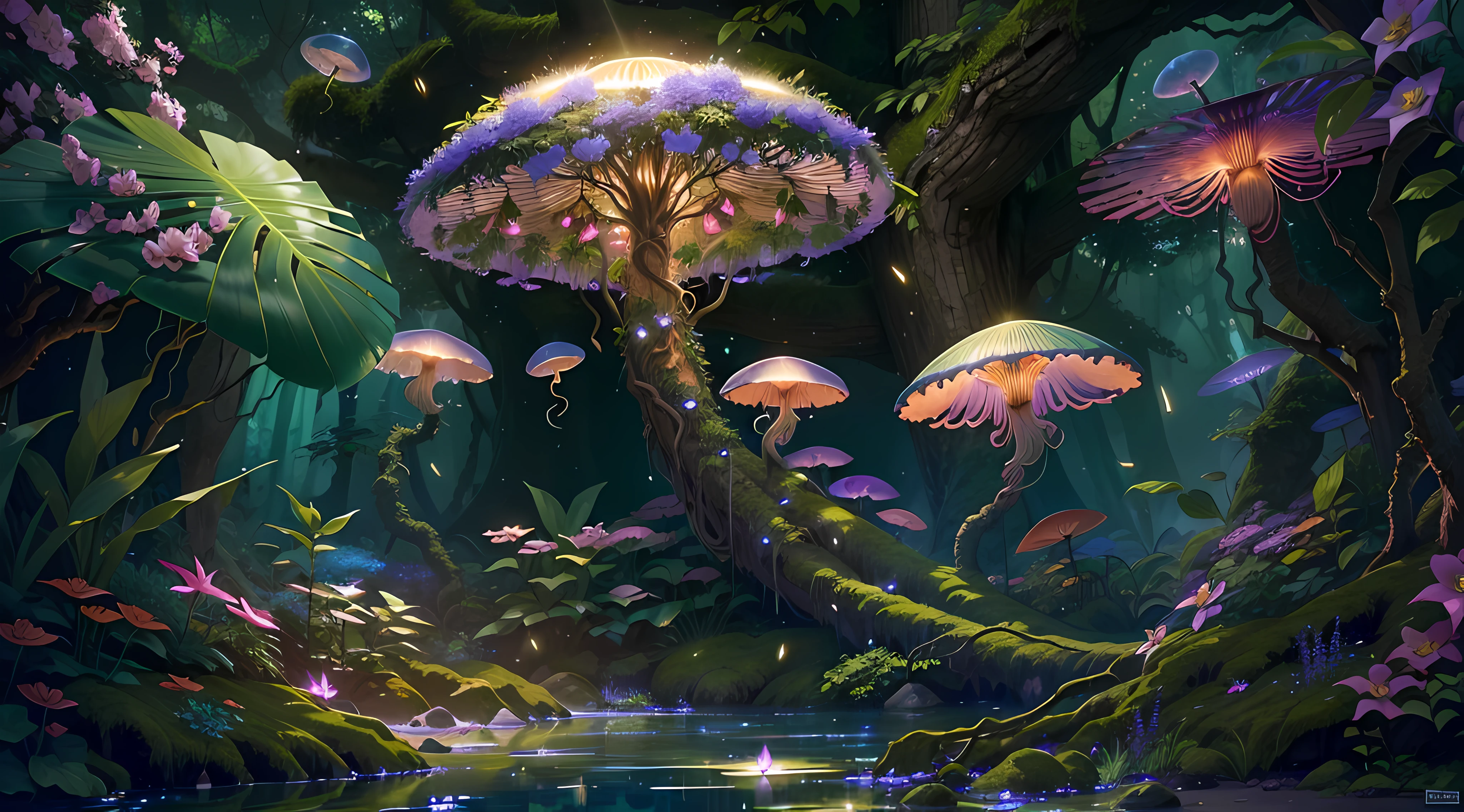 (best quality,4k,8k,highres,masterpiece:1.2),ultra-detailed,(realistic,photorealistic,photo-realistic:1.37),fantasy jungle,floating jellyfish,blue leaf,pink butterfly,firefly,glowing mushroom,strange-looking tree,black vines,strange-looking flowers,colorful flowers and tree,artistic rendering,ethereal atmosphere,vibrant colors,dappled sunlight,lush greenery,majestic tree canopies,mysterious shadows,unexplored paths,hidden creatures,enchanting foliage,whispering leaves,surreal plants,gentle rustling,illuminated petals,dream-like glow,mesmerizing luminescence,glimmering fireflies,twinkling stars,
mystical ambiance,intricate details,airy and magical,ethereal beauty,peaceful serenity,secluded oasis,enchanted escape,enigmatic depths,unearthly tranquility