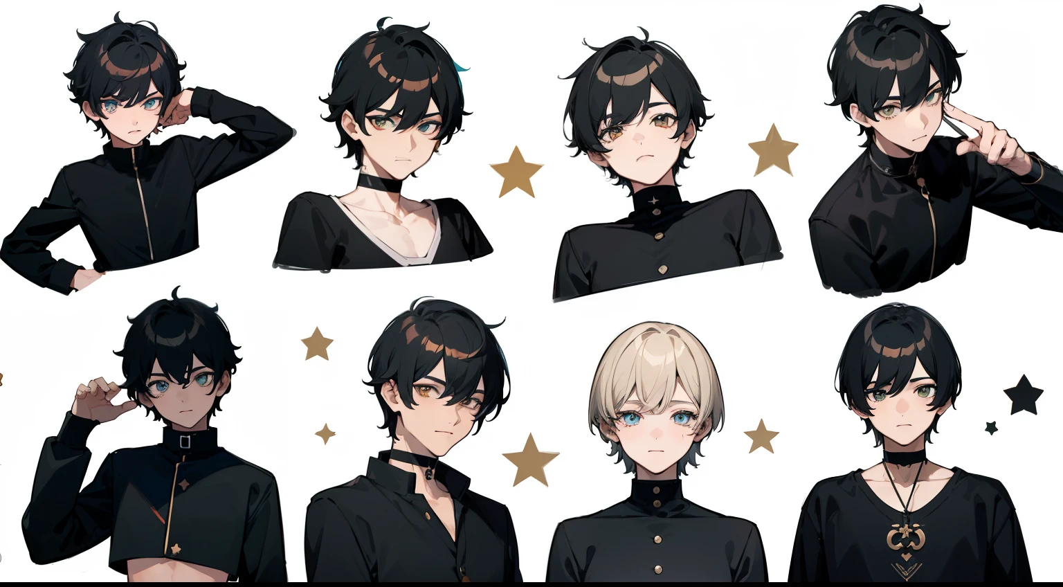 ((Masterpiece, Highest quality)), Detailed face, character sheets, full bodyesbian, Full of details, Multiple poses and expressions, Highly detailed, Depth, Many parts, 1boys,for 6 years old :3, Black crop top, mitts, Stockings, Black choker, The eye, Star (symbol), pupils in symbol shapes
