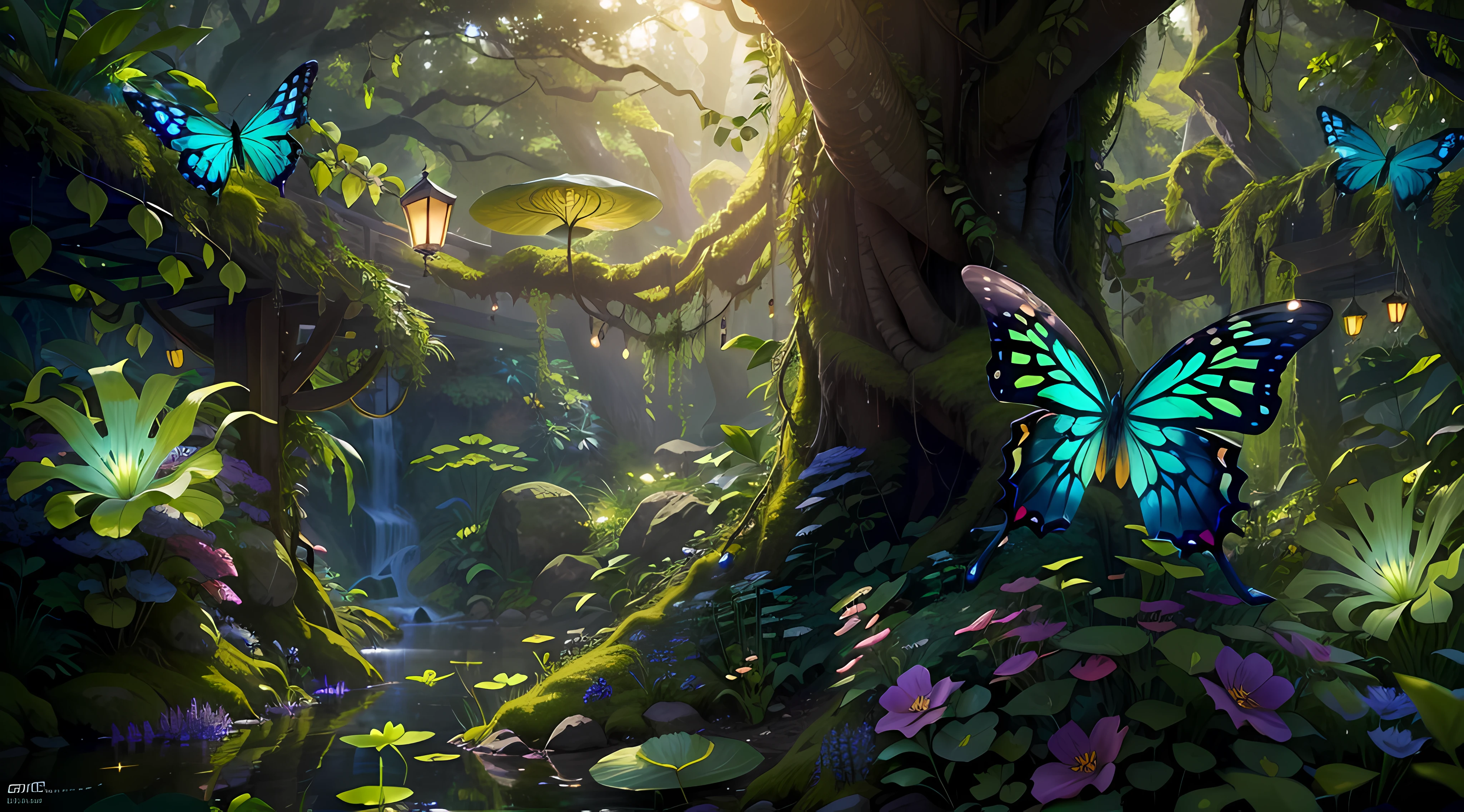 (best quality,4k,8k,highres,masterpiece:1.2),ultra-detailed,(realistic,photorealistic,photo-realistic:1.37),fantasy jungle,floating jellyfish,blue leaf,pink butterfly,firefly,glowing mushroom,strange-looking tree,black vines,strange-looking flowers,colorful flowers and tree,artistic rendering,ethereal atmosphere,vibrant colors,dappled sunlight,lush greenery,majestic tree canopies,mysterious shadows,unexplored paths,hidden creatures,enchanting foliage,whispering leaves,surreal plants,gentle rustling,illuminated petals,dream-like glow,mesmerizing luminescence,glimmering fireflies,twinkling stars,
mystical ambiance,intricate details,airy and magical,ethereal beauty,peaceful serenity,secluded oasis,enchanted escape,enigmatic depths,unearthly tranquility