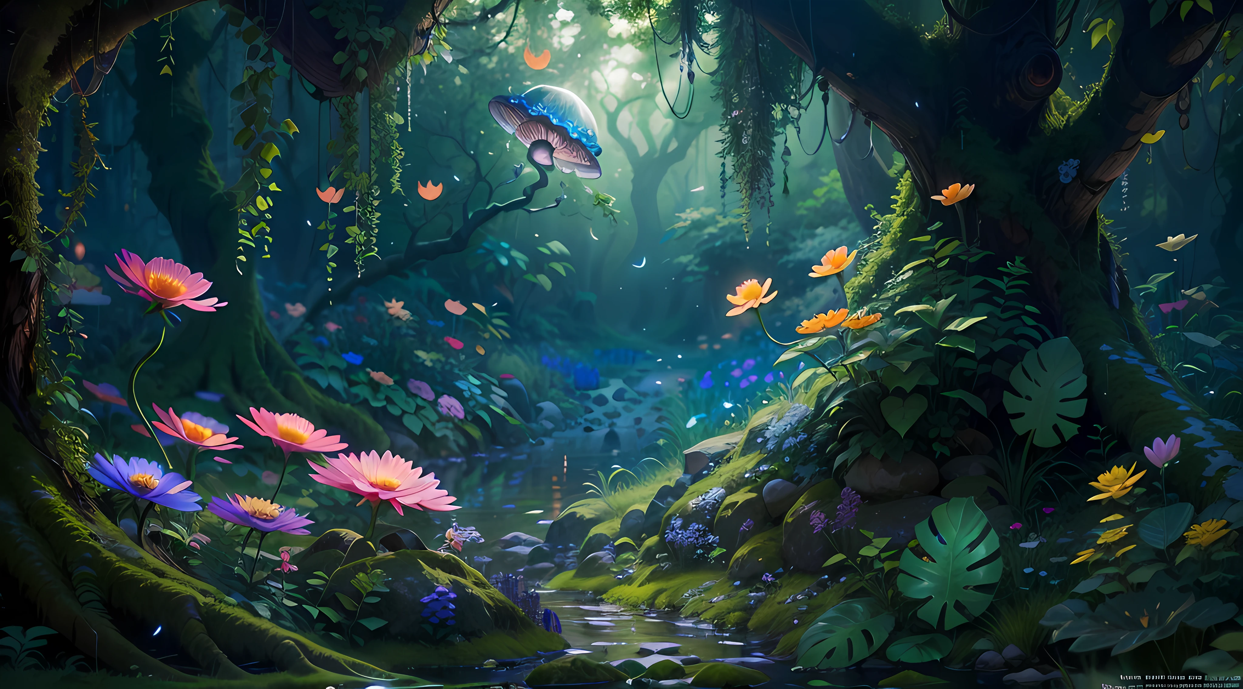 (best quality,4k,8k,highres,masterpiece:1.2),ultra-detailed,(realistic,photorealistic,photo-realistic:1.37),fantasy jungle,floating jellyfish,blue leaf,pink butterfly,firefly,glowing mushroom,strange-looking tree,black vines,strange-looking flowers,colorful flowers and tree,artistic rendering,ethereal atmosphere,vibrant colors,dappled sunlight,lush greenery,majestic tree canopies,mysterious shadows,unexplored paths,hidden creatures,enchanting foliage,whispering leaves,surreal plants,gentle rustling,illuminated petals,dream-like glow,mesmerizing luminescence,glimmering fireflies,twinkling stars,
mystical ambiance,intricate details,airy and magical,ethereal beauty,peaceful serenity,secluded oasis,enchanted escape,enigmatic depths,unearthly tranquility