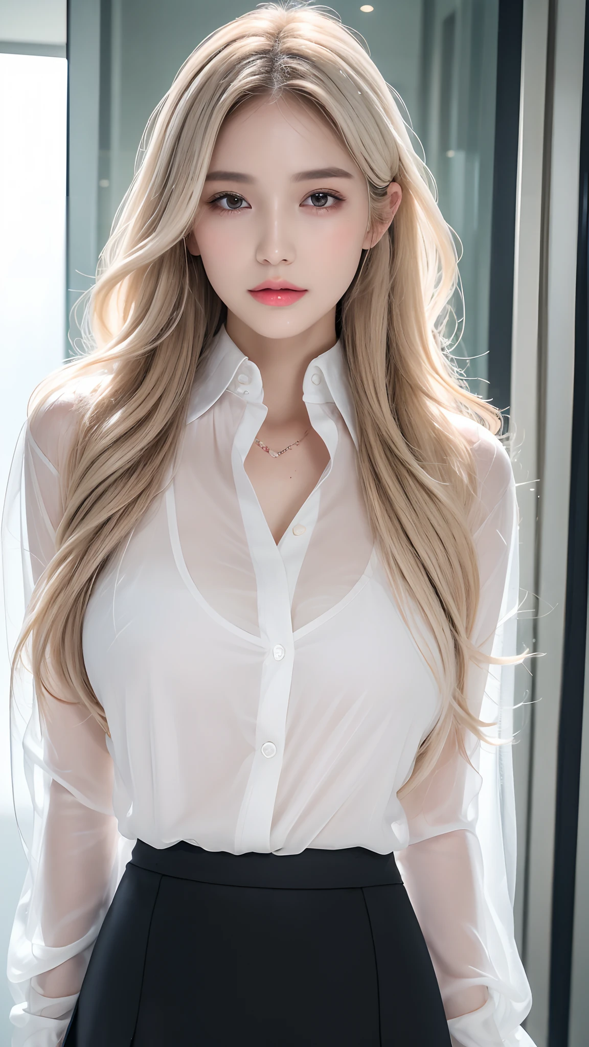 ((Best quality, 8k, Masterpiece :1.3)), Sharp focus :1.2, A pretty girl  with perfect figure :1.4, Slender abs :1.3, Raw photography、超A high resolution, full body, fair white skin、shiny white skin、(wavy blonde hair)、dark brown hair、super fine eyes, super fine hand, super fine finger、Beautiful eyes with random colors、very thin lips, finely detail、elongated eyes、pale pink blush、long eyeslashes、Beautiful double eyelid、Lighting that emphasizes beautiful skin、Lustrous skin 2, ((Layered long hair, Big breasts :1.2)), Open shirt show , (detailed ), (see throught ),  ((detailed transparent body suit )), ((detailed face )), ((detailed tight short skirt), water shower, luxury office :1.4, Highly detailed face and skin texture, Detailed eyes, Double eyelid