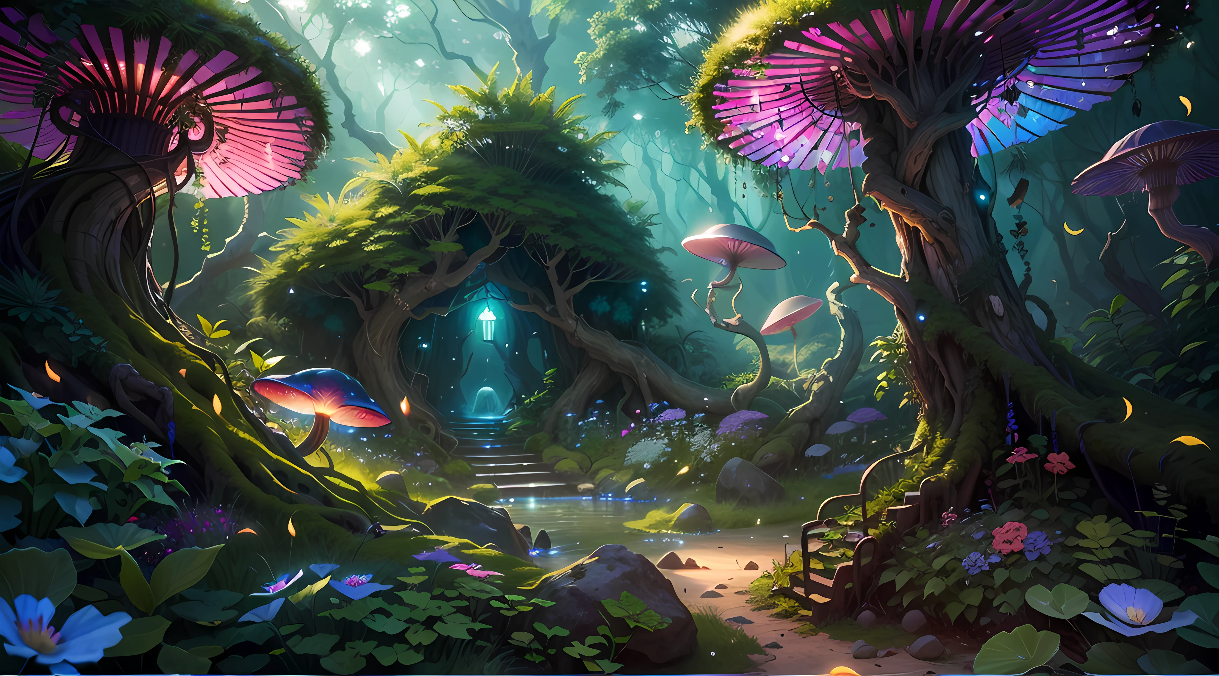 (best quality,4k,8k,highres,masterpiece:1.2),ultra-detailed,(realistic,photorealistic,photo-realistic:1.37),fantasy jungle,floating jellyfish,blue leaf,pink butterfly,firefly,glowing mushroom,strange-looking tree,black vines,strange-looking flowers,colorful flowers and tree,artistic rendering,ethereal atmosphere,vibrant colors,dappled sunlight,lush greenery,majestic tree canopies,mysterious shadows,unexplored paths,hidden creatures,enchanting foliage,whispering leaves,surreal plants,gentle rustling,illuminated petals,dream-like glow,mesmerizing luminescence,glimmering fireflies,twinkling stars,
mystical ambiance,intricate details,airy and magical,ethereal beauty,peaceful serenity,secluded oasis,enchanted escape,enigmatic depths,unearthly tranquility