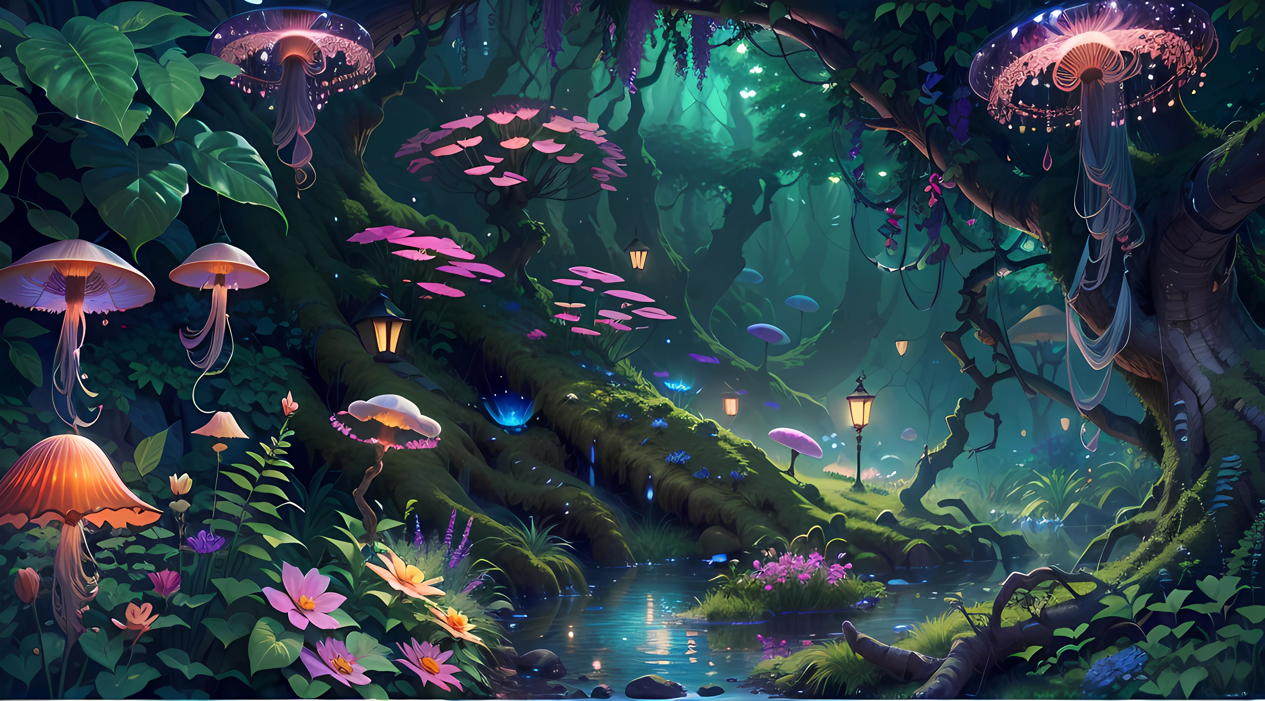 (best quality,4k,8k,highres,masterpiece:1.2),ultra-detailed,(realistic,photorealistic,photo-realistic:1.37),fantasy jungle,floating jellyfish,blue leaf,pink butterfly,firefly,glowing mushroom,strange-looking tree,black vines,strange-looking flowers,colorful flowers and tree,artistic rendering,ethereal atmosphere,vibrant colors,dappled sunlight,lush greenery,majestic tree canopies,mysterious shadows,unexplored paths,hidden creatures,enchanting foliage,whispering leaves,surreal plants,gentle rustling,illuminated petals,dream-like glow,mesmerizing luminescence,glimmering fireflies,twinkling stars,
mystical ambiance,intricate details,airy and magical,ethereal beauty,peaceful serenity,secluded oasis,enchanted escape,enigmatic depths,unearthly tranquility