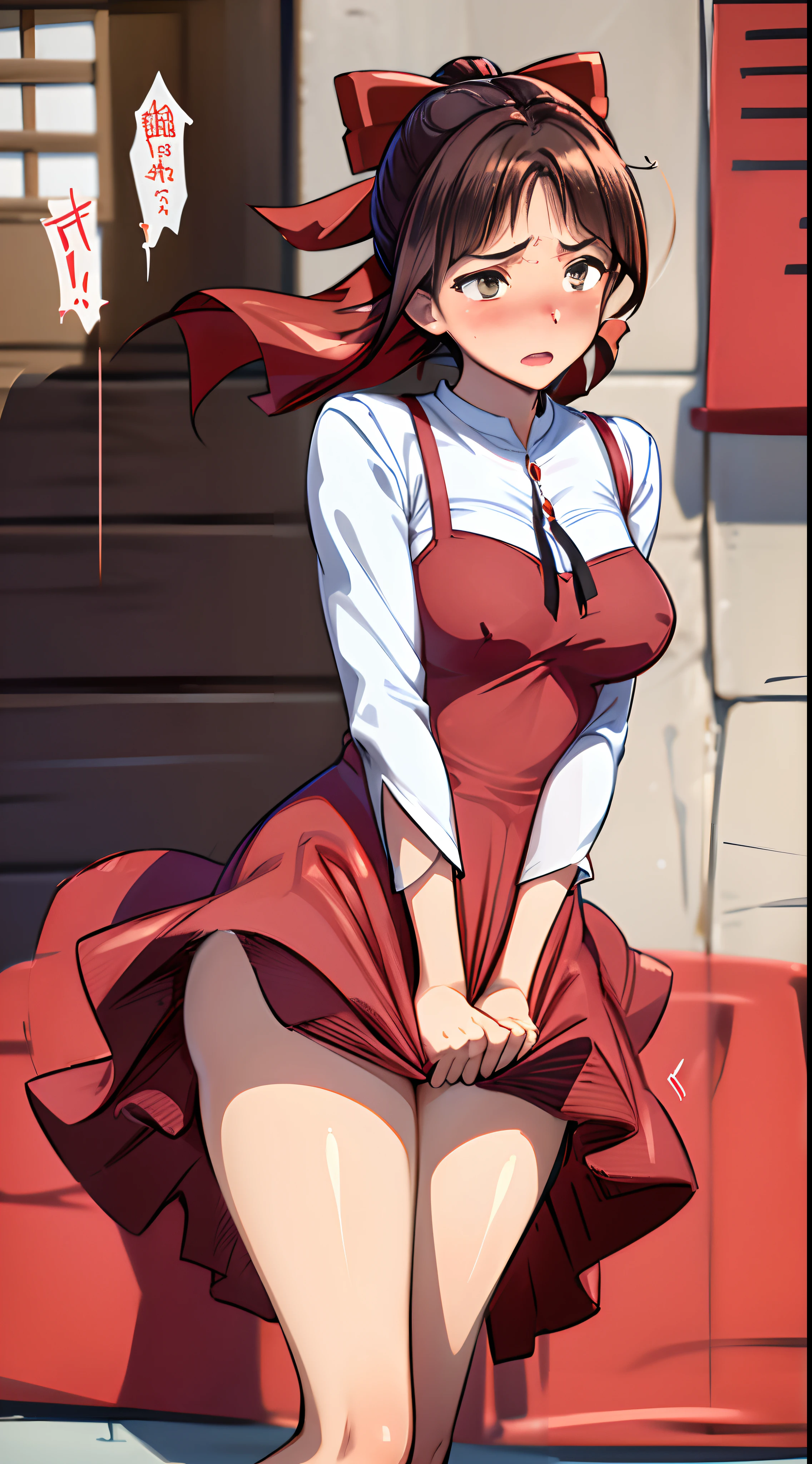 1womanl,Brown hair,Red ribbons ,((Impatient expression)),Beautiful breasts,White shirt,Red dress,well-styled,,(Facing the front)(((Blushing cheeks、embarassed expression)))、The wind almost makes my skirt flip up