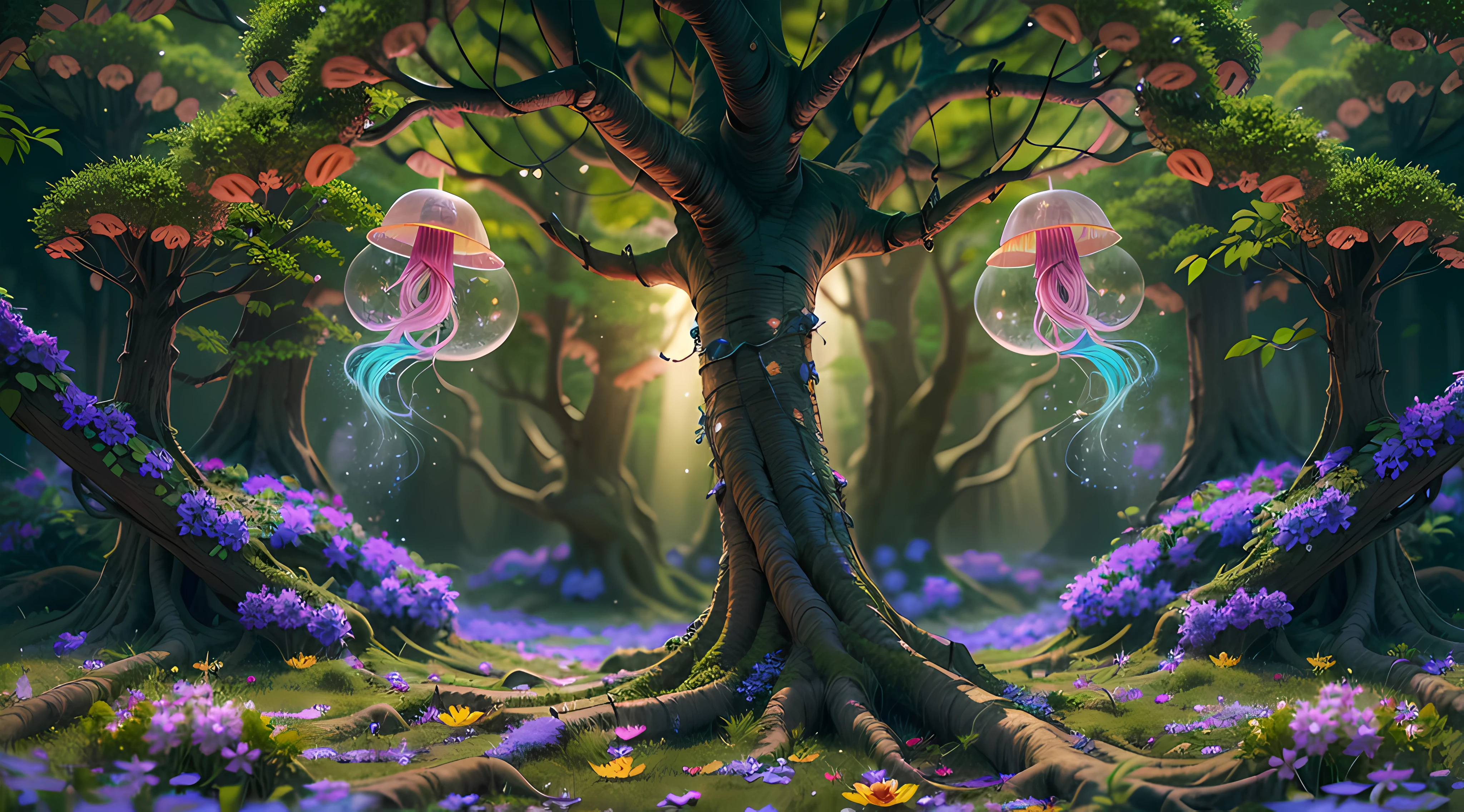 (best quality,4k,8k,highres,masterpiece:1.2),ultra-detailed,(realistic,photorealistic,photo-realistic:1.37),fantasy jungle,floating jellyfish,blue leaf,pink butterfly,firefly,glowing mushroom,strange-looking tree,black vines,strange-looking flowers,colorful flowers and tree,artistic rendering,ethereal atmosphere,vibrant colors,dappled sunlight,lush greenery,majestic tree canopies,mysterious shadows,unexplored paths,hidden creatures,enchanting foliage,whispering leaves,surreal plants,gentle rustling,illuminated petals,dream-like glow,mesmerizing luminescence,glimmering fireflies,twinkling stars,
mystical ambiance,intricate details,airy and magical,ethereal beauty,peaceful serenity,secluded oasis,enchanted escape,enigmatic depths,unearthly tranquility