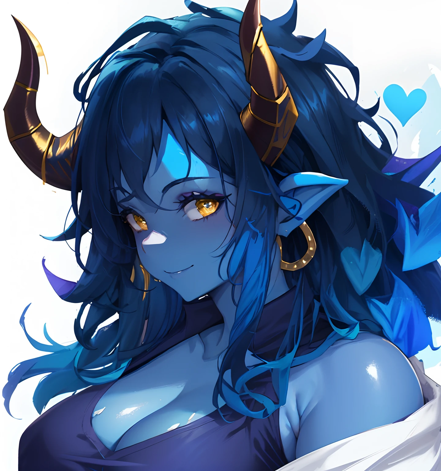 a close up of a woman with horns, blue tiefling, girl design lush horns, blue skin, messy wavy hair, strong body, muscle, yellow eyes, confident smile, tank top shirt