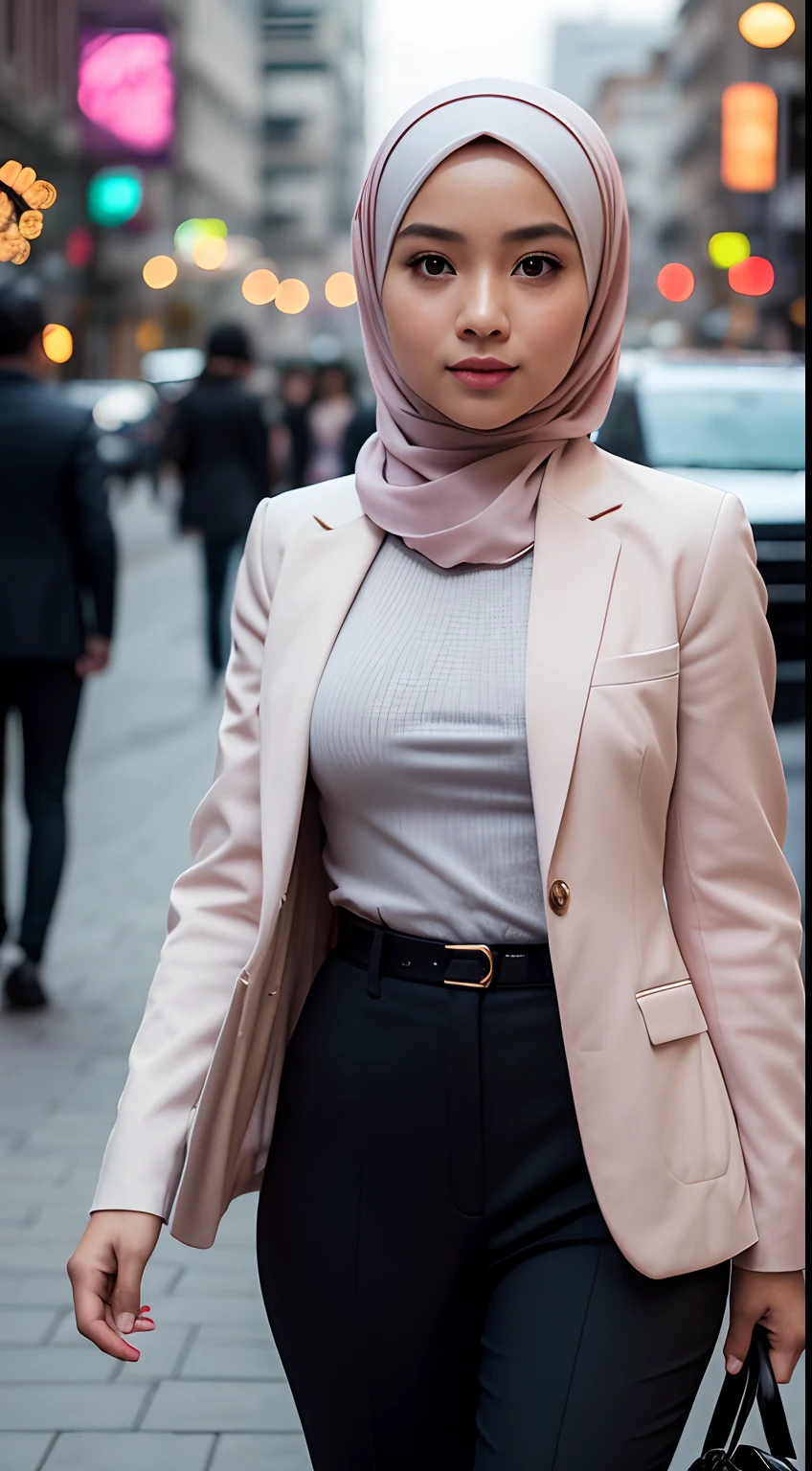 RAW, Best quality, high resolution, masterpiece: 1.3), beautiful Malay woman in hijab (iu:0.8),Best quality, high resolution, Masterpiece: 1.3, Beautiful hijabi malay girl, Masterpiece, Soft smile,Beautiful Malay women wear Masterpiece, Best Quality, photography, Portrait, Realism, highly detailed, full length frame, High detail RAW color art, diffused soft lighting, shallow depth of field, sharp focus, hyperrealisma, a woman, beautifully, big eyes, big breast, Parted Lips, Challenge Eye, beautiful big eyes, long eye lashes, wearing ((gray satin headscarf)), loosely tide hijab style, ((brown satin shirt)), satin long maxi skirt, long blazer, high cut boots, walking on street, Eiffel tower view
