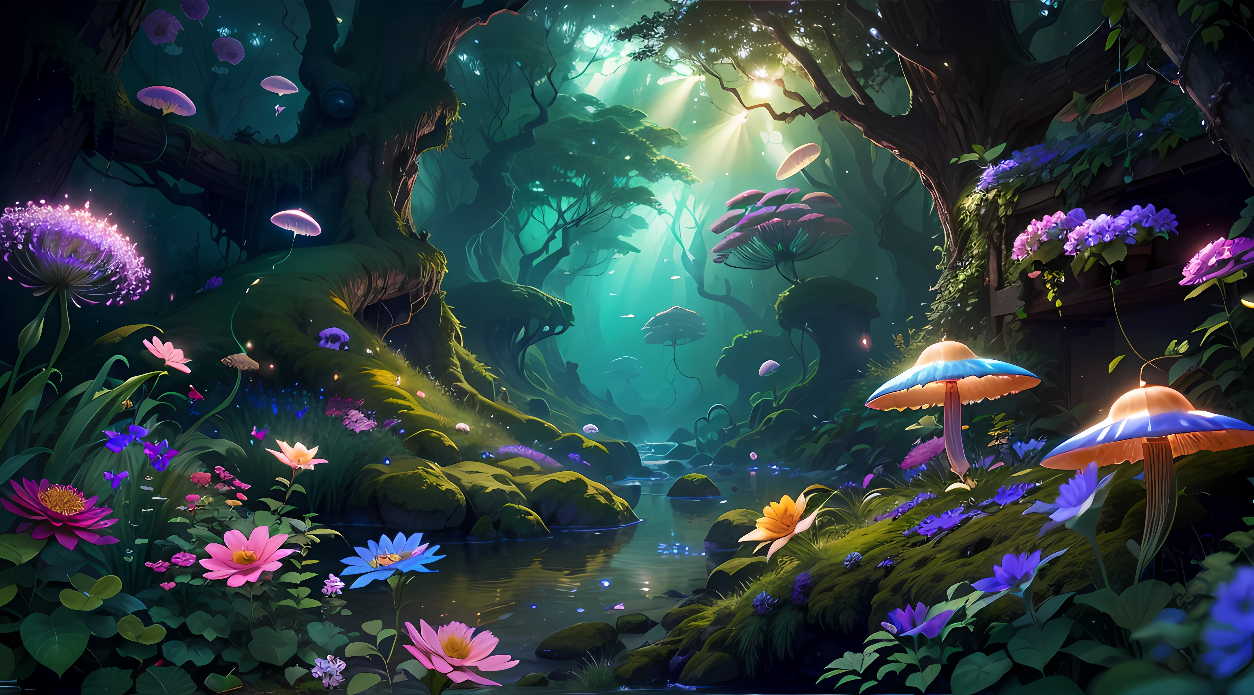 (best quality,4k,8k,highres,masterpiece:1.2),ultra-detailed,(realistic,photorealistic,photo-realistic:1.37),fantasy jungle,floating jellyfish,blue leaf,pink butterfly,firefly,glowing mushroom,strange-looking tree,black vines,strange-looking flowers,colorful flowers and tree,artistic rendering,ethereal atmosphere,vibrant colors,dappled sunlight,lush greenery,majestic tree canopies,mysterious shadows,unexplored paths,hidden creatures,enchanting foliage,whispering leaves,surreal plants,gentle rustling,illuminated petals,dream-like glow,mesmerizing luminescence,glimmering fireflies,twinkling stars,
mystical ambiance,intricate details,airy and magical,ethereal beauty,peaceful serenity,secluded oasis,enchanted escape,enigmatic depths,unearthly tranquility