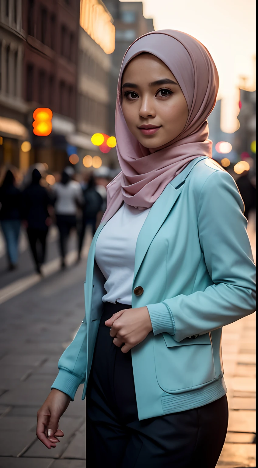 Malay girl in hijab and wear Half Button Rib Knit Tee with pastel color jacket and High Waist Plicated Detail Suit Pants, walking in city street, catwalk, confident walk, windy, elegance, front view, detail skin, detail skin texture, beautiful malay face, pastel color outfit, small breast, wide hip, wide waist, thick thighs, slim abs, beautiful body, evening, sunset, sun light enhance dramatic mood, arrogant smile, professional cinematic lighting, blur background, bokeh, realistic, ultra detail, high quality,