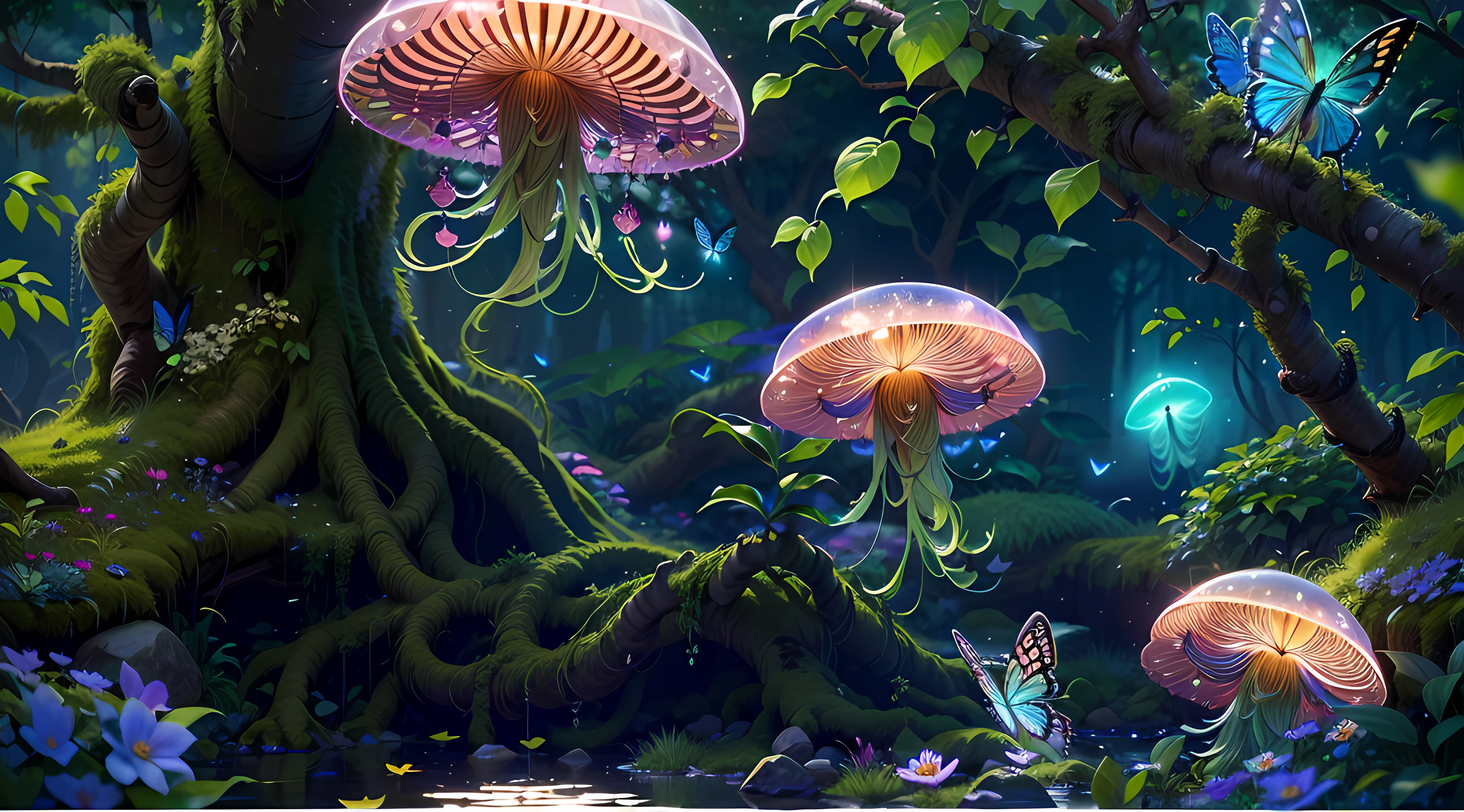 (best quality,4k,8k,highres,masterpiece:1.2),ultra-detailed,(realistic,photorealistic,photo-realistic:1.37),fantasy jungle,floating jellyfish,blue leaf,pink butterfly,firefly,glowing mushroom,strange-looking tree,black vines,strange-looking flowers,colorful flowers and tree,artistic rendering,ethereal atmosphere,vibrant colors,dappled sunlight,lush greenery,majestic tree canopies,mysterious shadows,unexplored paths,hidden creatures,enchanting foliage,whispering leaves,surreal plants,gentle rustling,illuminated petals,dream-like glow,mesmerizing luminescence,glimmering fireflies,twinkling stars,
mystical ambiance,intricate details,airy and magical,ethereal beauty,peaceful serenity,secluded oasis,enchanted escape,enigmatic depths,unearthly tranquility