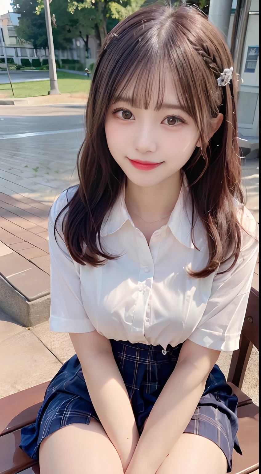 4K、Raw photo、Photoreal Stick、hight resolution , 18yo woman、Face like an idol、Brown hair、Wavy Hair、With bangs、Shirt with white collar、School Uniforms mini Skirt、((huge breasts1.6))、School Grounds、Sweating、wetted skin、(smile1.6)、close - up face