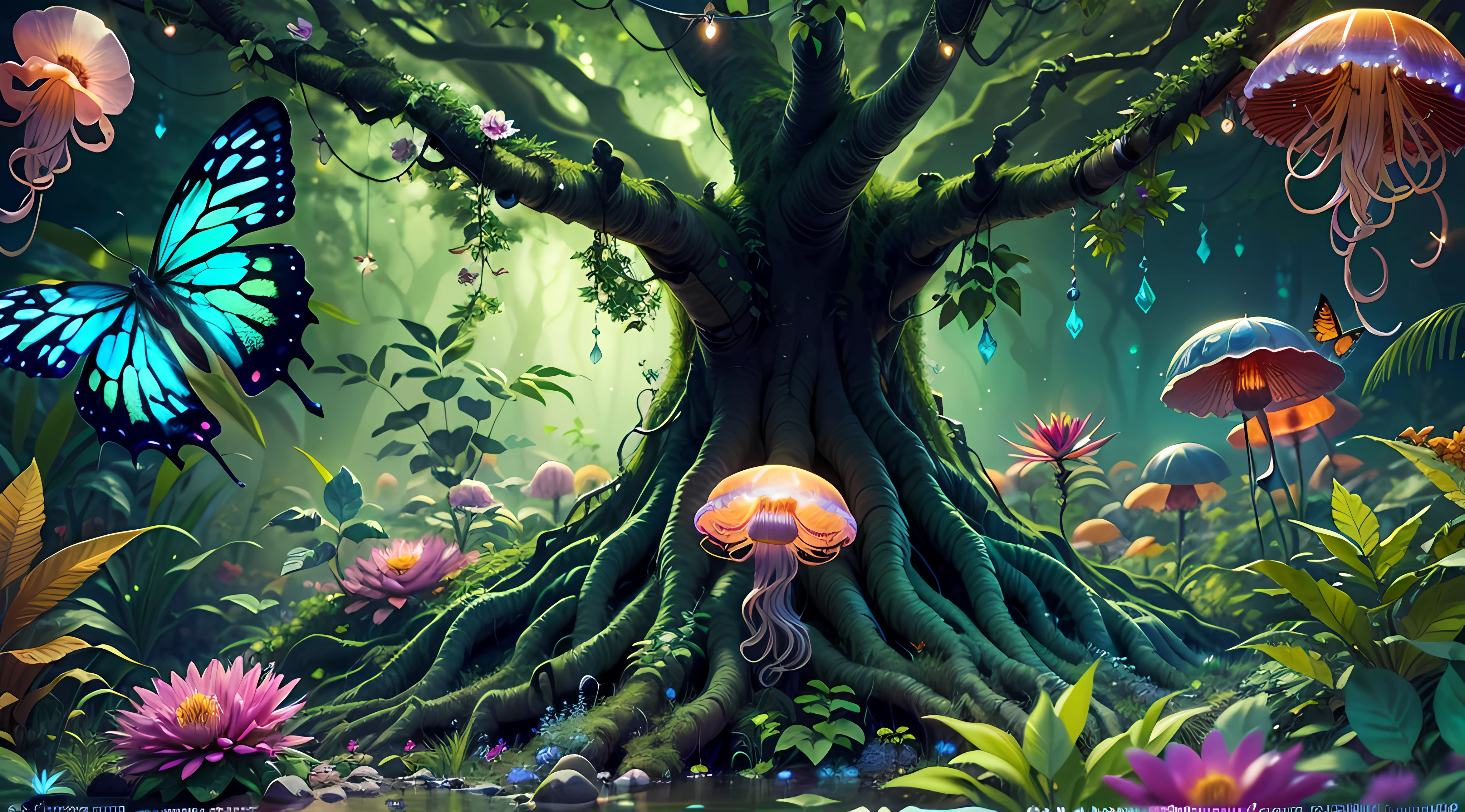 (best quality,4k,8k,highres,masterpiece:1.2),ultra-detailed,(realistic,photorealistic,photo-realistic:1.37),fantasy jungle,floating jellyfish,blue leaf,pink butterfly,firefly,glowing mushroom,strange-looking tree,black vines,strange-looking flowers,colorful flowers and tree,artistic rendering,ethereal atmosphere,vibrant colors,dappled sunlight,lush greenery,majestic tree canopies,mysterious shadows,unexplored paths,hidden creatures,enchanting foliage,whispering leaves,surreal plants,gentle rustling,illuminated petals,dream-like glow,mesmerizing luminescence,glimmering fireflies,twinkling stars,
mystical ambiance,intricate details,airy and magical,ethereal beauty,peaceful serenity,secluded oasis,enchanted escape,enigmatic depths,unearthly tranquility