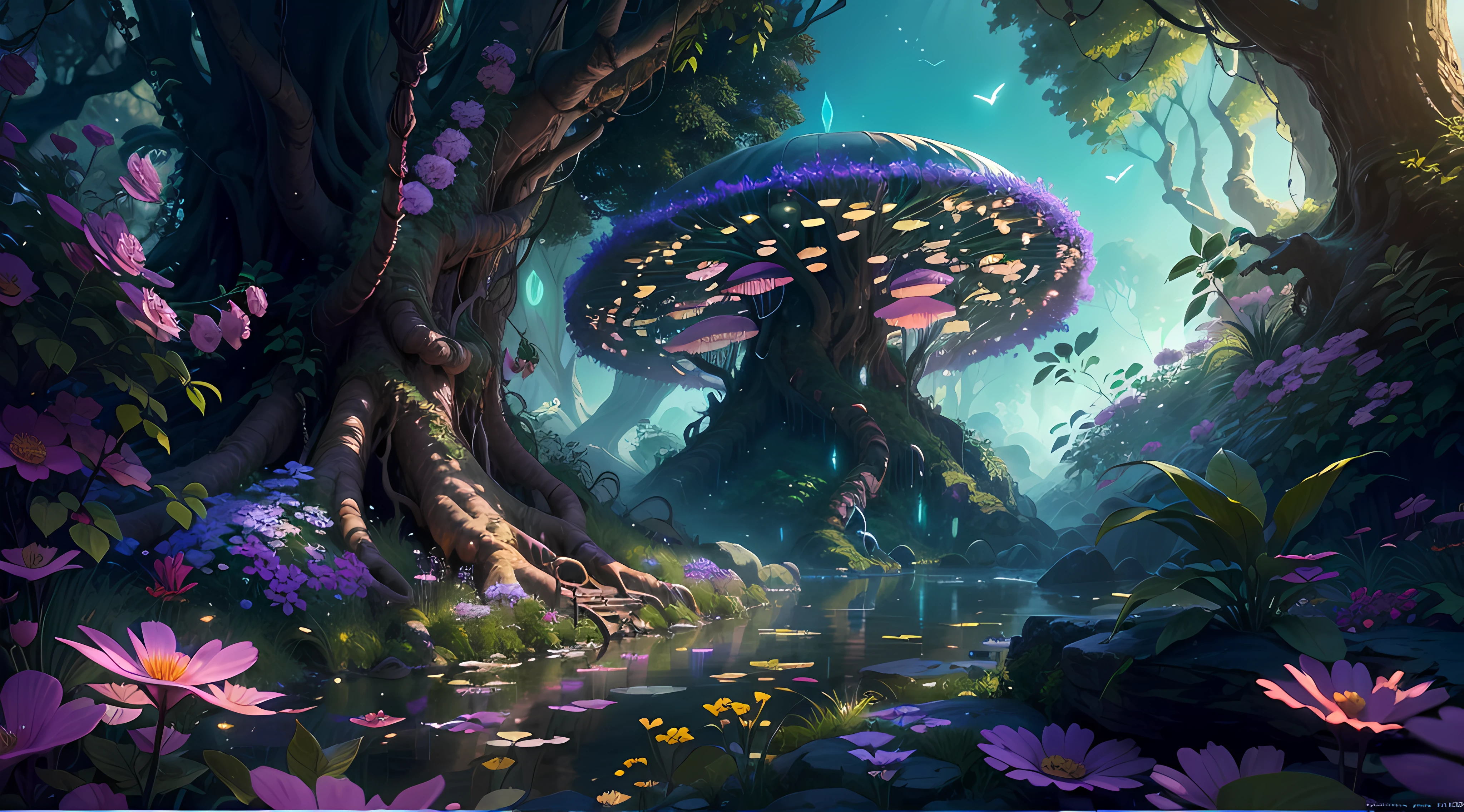 (best quality,4k,8k,highres,masterpiece:1.2),ultra-detailed,(realistic,photorealistic,photo-realistic:1.37),fantasy jungle,floating jellyfish,blue leaf,pink butterfly,firefly,glowing mushroom,strange-looking tree,black vines,strange-looking flowers,colorful flowers and tree,artistic rendering,ethereal atmosphere,vibrant colors,dappled sunlight,lush greenery,majestic tree canopies,mysterious shadows,unexplored paths,hidden creatures,enchanting foliage,whispering leaves,surreal plants,gentle rustling,illuminated petals,dream-like glow,mesmerizing luminescence,glimmering fireflies,twinkling stars,
mystical ambiance,intricate details,airy and magical,ethereal beauty,peaceful serenity,secluded oasis,enchanted escape,enigmatic depths,unearthly tranquility