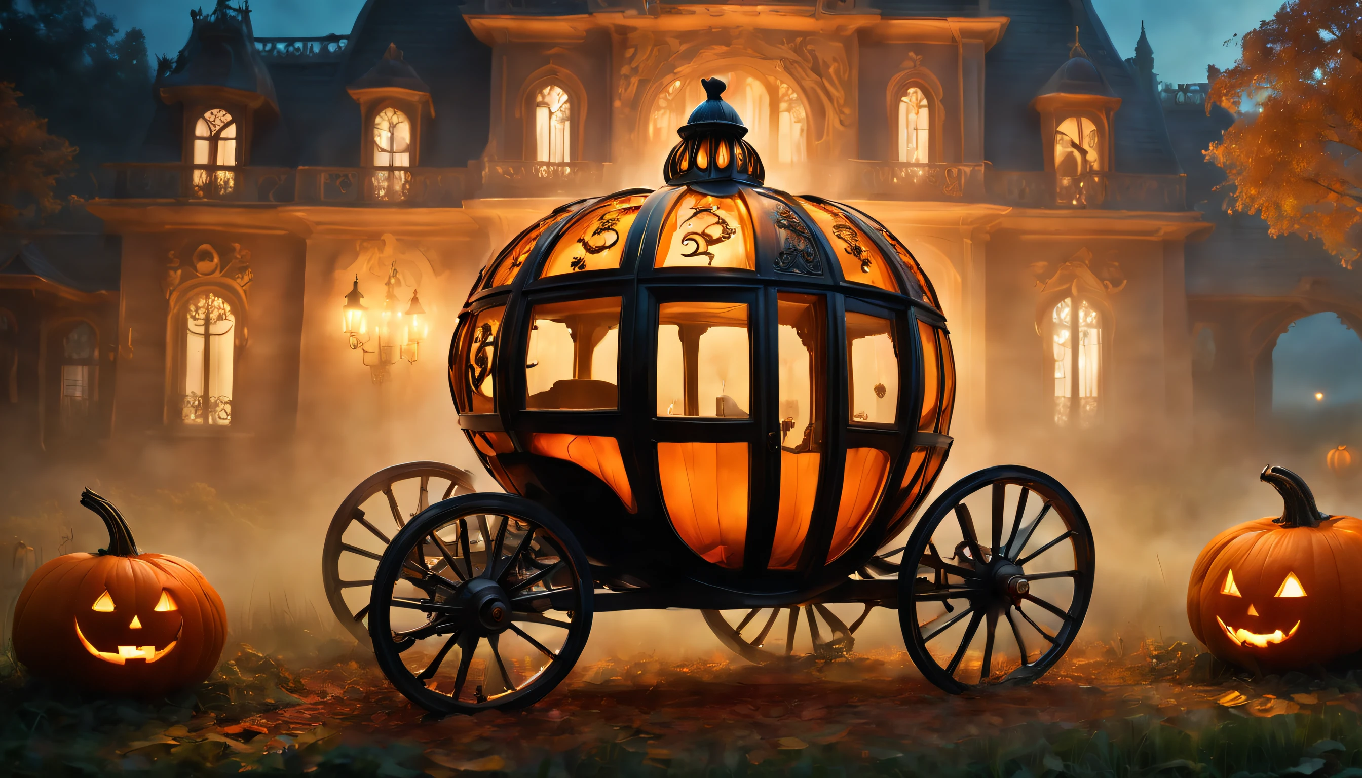 Enchanted Pumpkin Carriage at Dusk: A magical scene featuring a breathtaking pumpkin carriage, beautifully adorned with intricate carvings and glowing from within, is captured at dusk, surrounded by soft, warm light and mysterious, swirling mist, reflecting the fairytale charm and wonder of the enchanted vehicle.