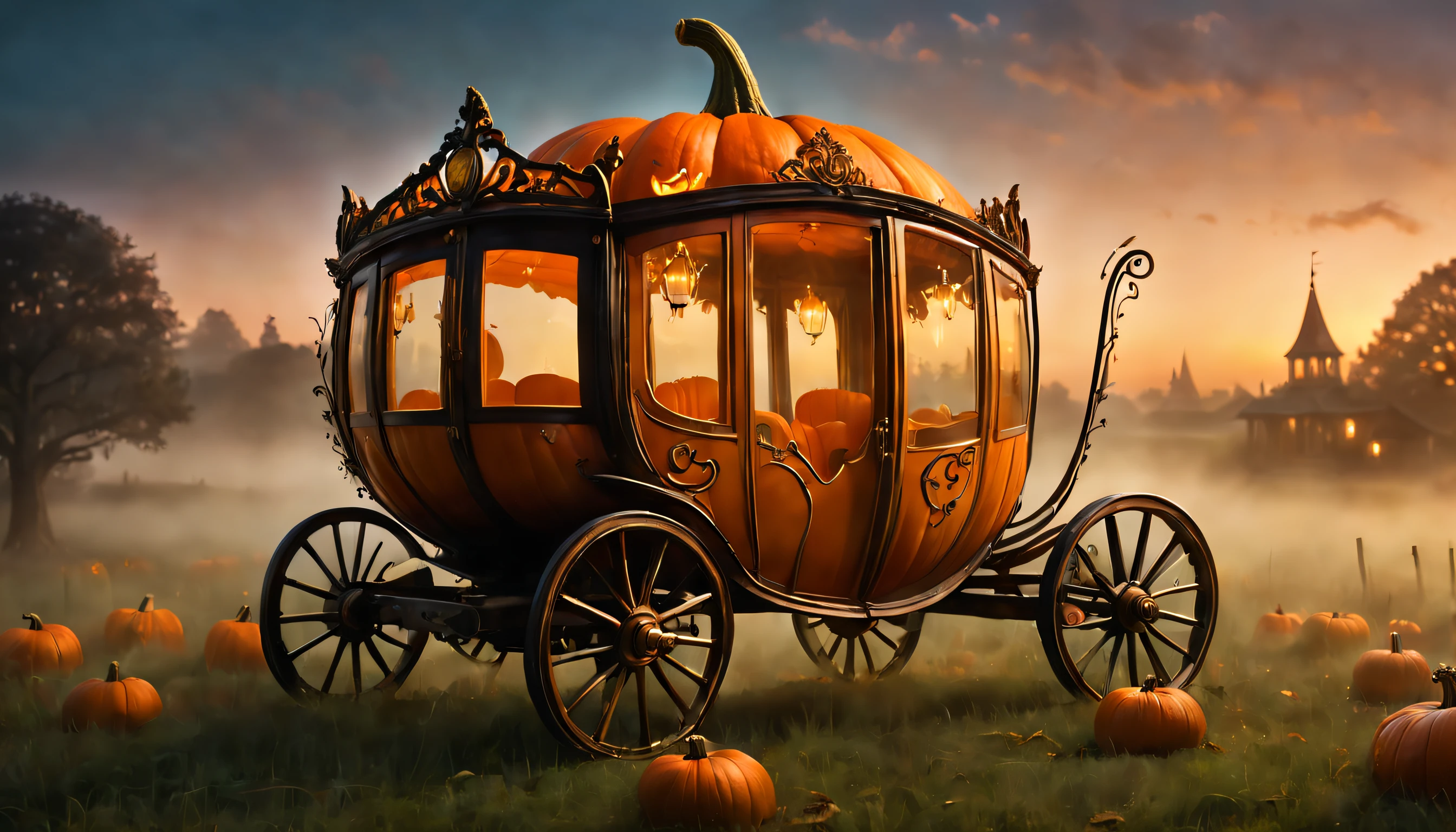 Enchanted Pumpkin Carriage at Dusk: A magical scene featuring a breathtaking pumpkin carriage, beautifully adorned with intricate carvings and glowing from within, is captured at dusk, surrounded by soft, warm light and mysterious, swirling mist, reflecting the fairytale charm and wonder of the enchanted vehicle.