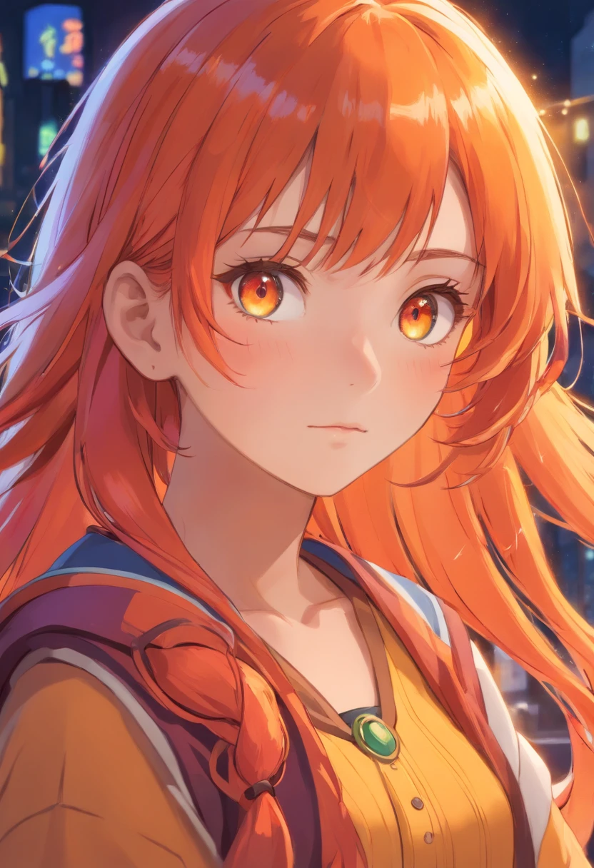 multicolored hair, gradient hair, carrot hair ornament, mole under eye, amber eyes, high detail, Verism, Hyperrealism, Contemporary art, cinematic lighting, sparkle, wide shot, f/1.2, best quality, award winning, 8k, super detail, UHD