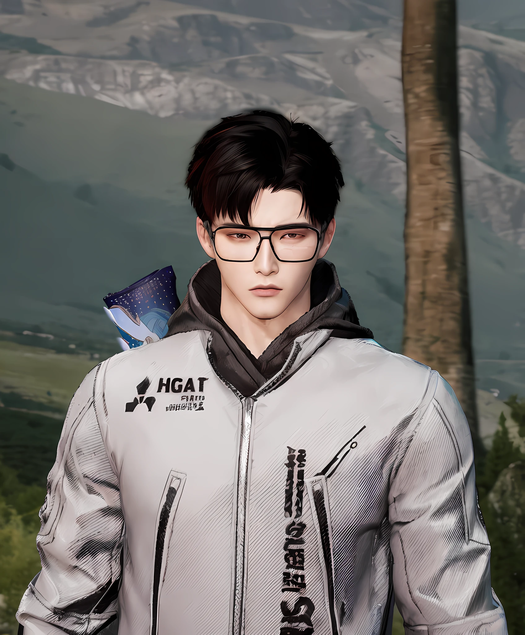 there is a man with glasses standing in front of a mountain, highly detailed character, inspired by Jang Seung-eop, from ncsoft, new character, south korean male, smooth in _ the background, inspired by Jean Malouel, he wears an eyepatch, inspired by Bian Shoumin, in game, as a character in tekken