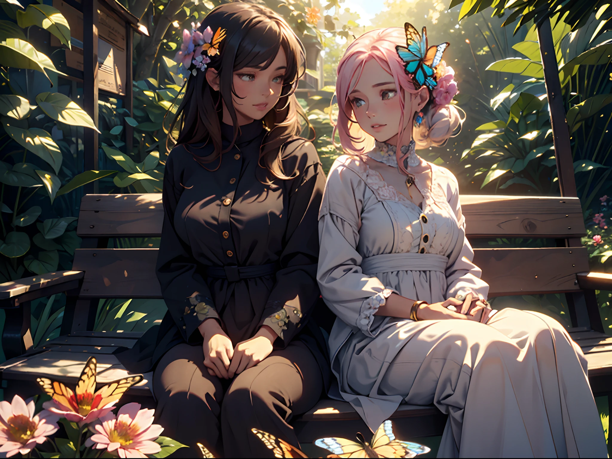 A girl with beautiful detailed eyes, detailed lips and an extremely detailed face, 2 girls, in a garden, enjoying the sunlight, wearing elegant dresses, surrounded by vibrant flowers, with a serene and joyful expression, in a delightful summer atmosphere, full of lush greenery and colorful butterflies. They are sitting on a wooden bench, holding delicate flower bouquets in their hands. The sunlight creates a warm glow on their soft, glowing skin. The overall scene is created with highly detailed digital illustration (best quality, 4k, highres, realistic) using vivid and vibrant colors, capturing the essence of a beautiful and peaceful moment in nature. The art style resembles a classic oil painting, with soft brush strokes and a gentle blending of colors, evoking a sense of timeless beauty and elegance. The color palette is dominated by warm tones, with a mix of vibrant reds, pinks, and yellows, complemented by subtle hints of cool blues and greens. The lighting is soft and diffused, casting gentle shadows on the girls' faces and highlighting the textures and details of the flowers and foliage.