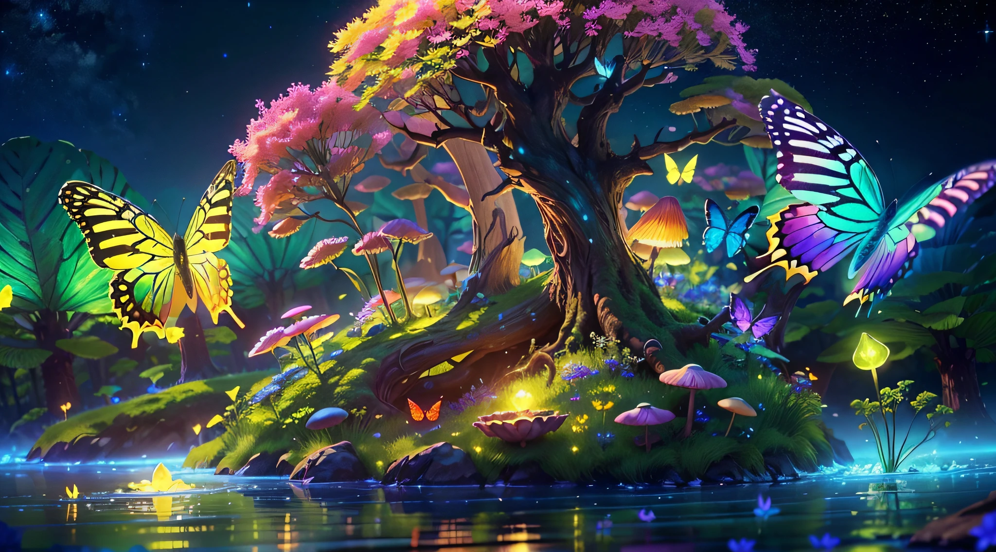 Enchanted mystical forest, neon-colored butterflies, pure blue water river spring, golden mini fairies, glowing mushrooms releasing pollen, extremely beautiful landscape, (ultra-realistic), {extremely detailed 8k CG unit wallpaper}, expansive landscape photography, (a low view that prioritizes the entire scene, (wide open field view), (low angle shot), (high light: 1.5), (low light: 1.0), (warm light source: 1.0), complex details, (iridescent colors: 1.5), (bright lighting), (atmospheric lighting), nature, magical, landscape