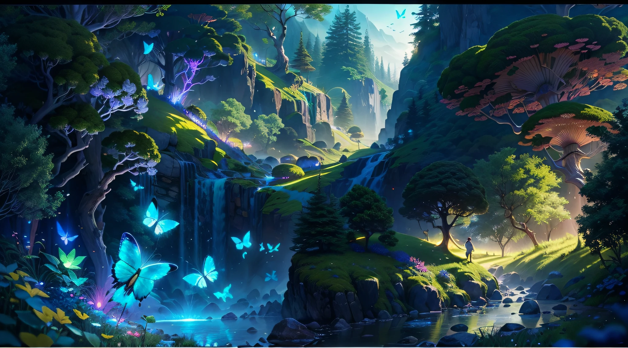 Enchanted mystical forest, neon-colored butterflies, pure blue water river spring, golden mini fairies, glowing mushrooms releasing pollen, extremely beautiful landscape, (ultra-realistic), {extremely detailed 8k CG unit wallpaper}, expansive landscape photography, (a low view that prioritizes the entire scene, (wide open field view), (low angle shot), (high light: 1.5), (low light: 1.0), (warm light source: 1.0), complex details, (iridescent colors: 1.5), (bright lighting), (atmospheric lighting), nature, magical, landscape