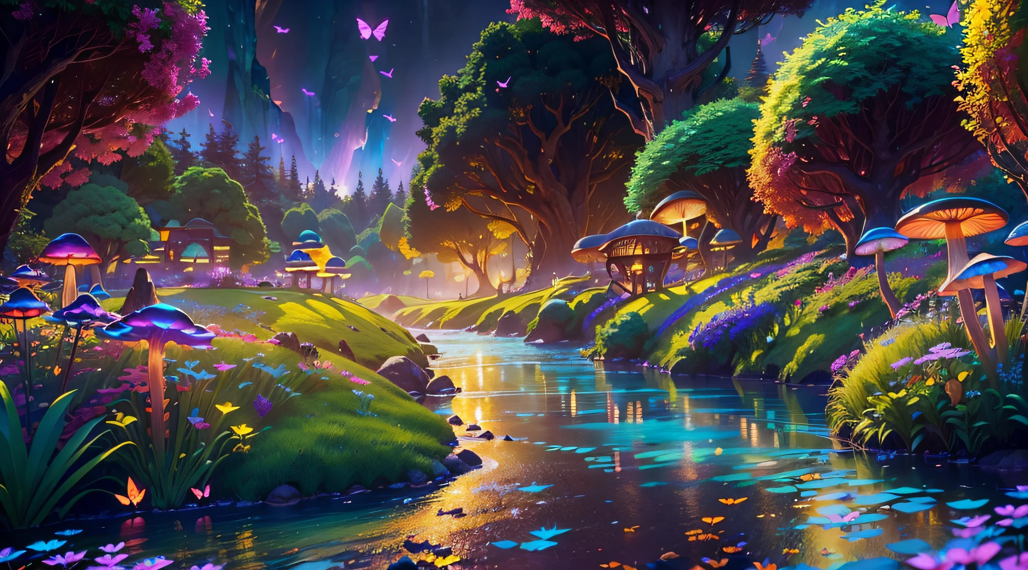 Enchanted mystical forest, neon-colored butterflies, pure blue water river spring, golden mini fairies, glowing mushrooms releasing pollen, extremely beautiful landscape, (ultra-realistic), {extremely detailed 8k CG unit wallpaper}, expansive landscape photography, (a low view that prioritizes the entire scene, (wide open field view), (low angle shot), (high light: 1.5), (low light: 1.0), (warm light source: 1.0), complex details, (iridescent colors: 1.5), (bright lighting), (atmospheric lighting), nature, magical, landscape