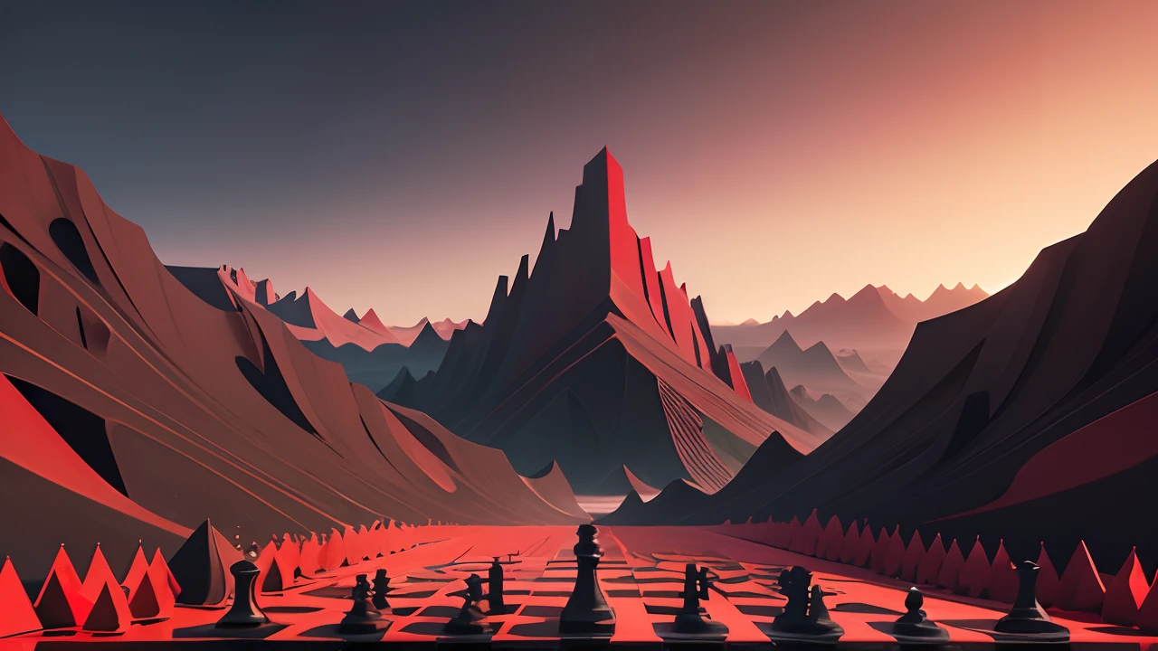 low poly aesthetic background art, black and red dark aesthetic color palette, landscape art, clean landscape wallpaper, chess piece, canyon, perlin noise, dark evil landscape
