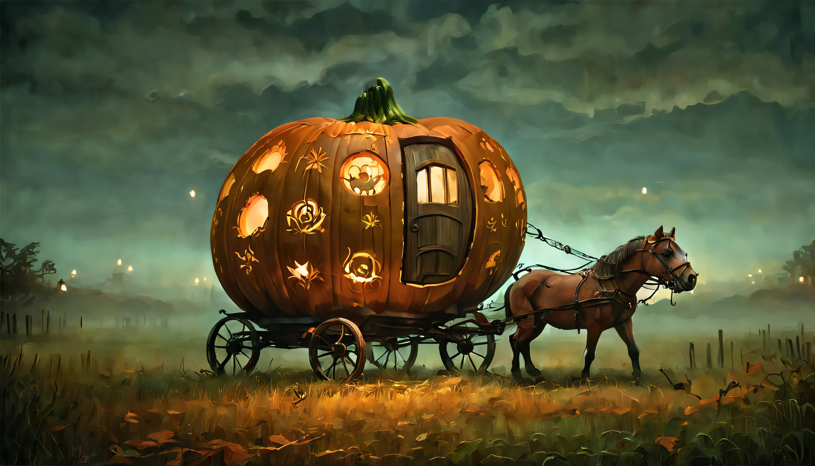 Enchanted Pumpkin Carriage at Dusk: A magical scene featuring a breathtaking pumpkin carriage, beautifully adorned with intricate carvings and glowing from within, is captured at dusk, surrounded by soft, warm light and mysterious, swirling mist, reflecting the fairytale charm and wonder of the enchanted vehicle. Dreamlike_Diversions.