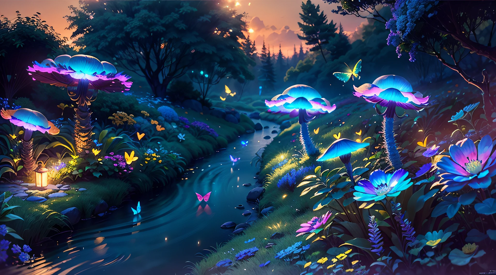 Enchanted mystical forest, neon-colored butterflies, pure blue water river spring, golden mini fairies, glowing mushrooms releasing pollen, extremely beautiful landscape, (ultra-realistic), {extremely detailed 8k CG unit wallpaper}, expansive landscape photography, (a low view that prioritizes the entire scene, (wide open field view), (low angle shot), (high light: 1.5), (low light: 1.0), (warm light source: 1.0), complex details, (iridescent colors: 1.5), (bright lighting), (atmospheric lighting), nature, magical, landscape