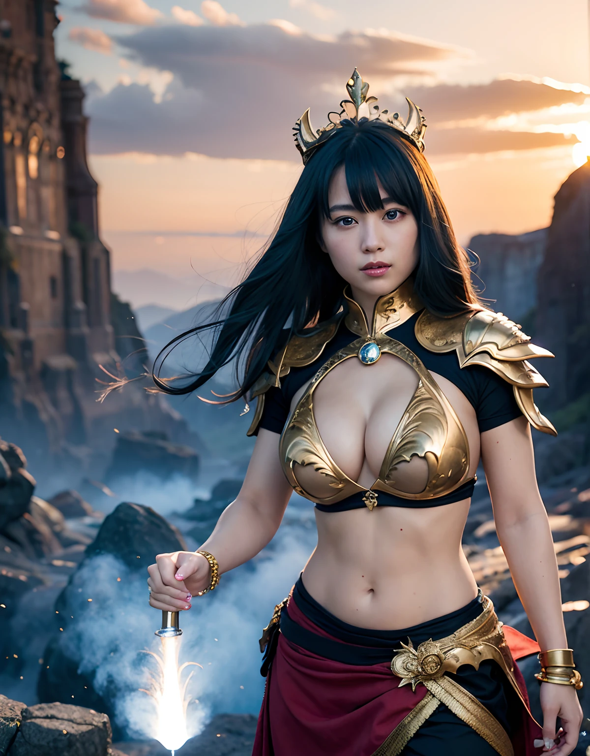 Professional , masterpiece、top-quality、photos realistic , 、top-quality、超A high resolution、(Photorealsitic:1.4)、Raw photo、depth of fields (Gemstone Gold Metal Body:1.9),(Matte White、Toostock、(((heavy breasts)))、(cleavage of the breast)、(Detailed Dragon Armor)、(Have the strongest weapon)、((Random Hairstyles 1.6),Dark Fantasy,)explosions、(Precipitous cliffs),Dragon Gold Weapon,Mystical expression、Particles of light、Fight dragons、(Detailed Dragon Helmet) ,(( Dragon's dense and gorgeous sword)) , Beautiful knife ,Detail and gorgeous crown、((Blue hair))、(Castle background)、、((Gangle's forest background))、Beautiful Caucasian beauty、1a person、dynamic ungle,(((maikurobikini)))、Smaller head、A smile、Castle background、Thin and beautiful female hands、cleavage of the breast、Soldier in iron armor on background、Mystical expression、Light Effects、intense fighting、Wind-effect、magic circles、With the legendary magic wand、(demonic wings)、Toostock、