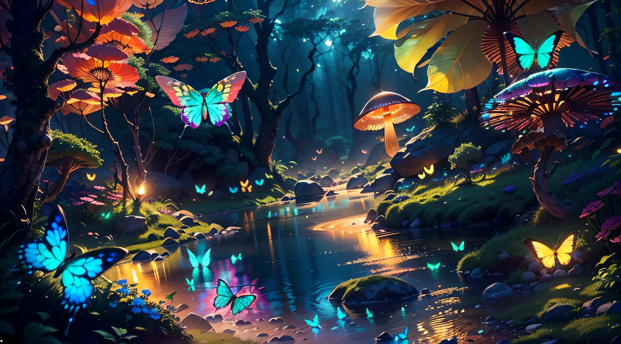 Enchanted mystical forest, neon-colored butterflies, pure blue water river spring, golden mini fairies, glowing mushrooms releasing pollen, extremely beautiful landscape, (ultra-realistic), {extremely detailed 8k CG unit wallpaper}, expansive landscape photography, (a low view that prioritizes the entire scene, (wide open field view), (low angle shot), (high light: 1.5), (low light: 1.0), (warm light source: 1.0), complex details, (iridescent colors: 1.5), (bright lighting), (atmospheric lighting), nature, magical, landscape