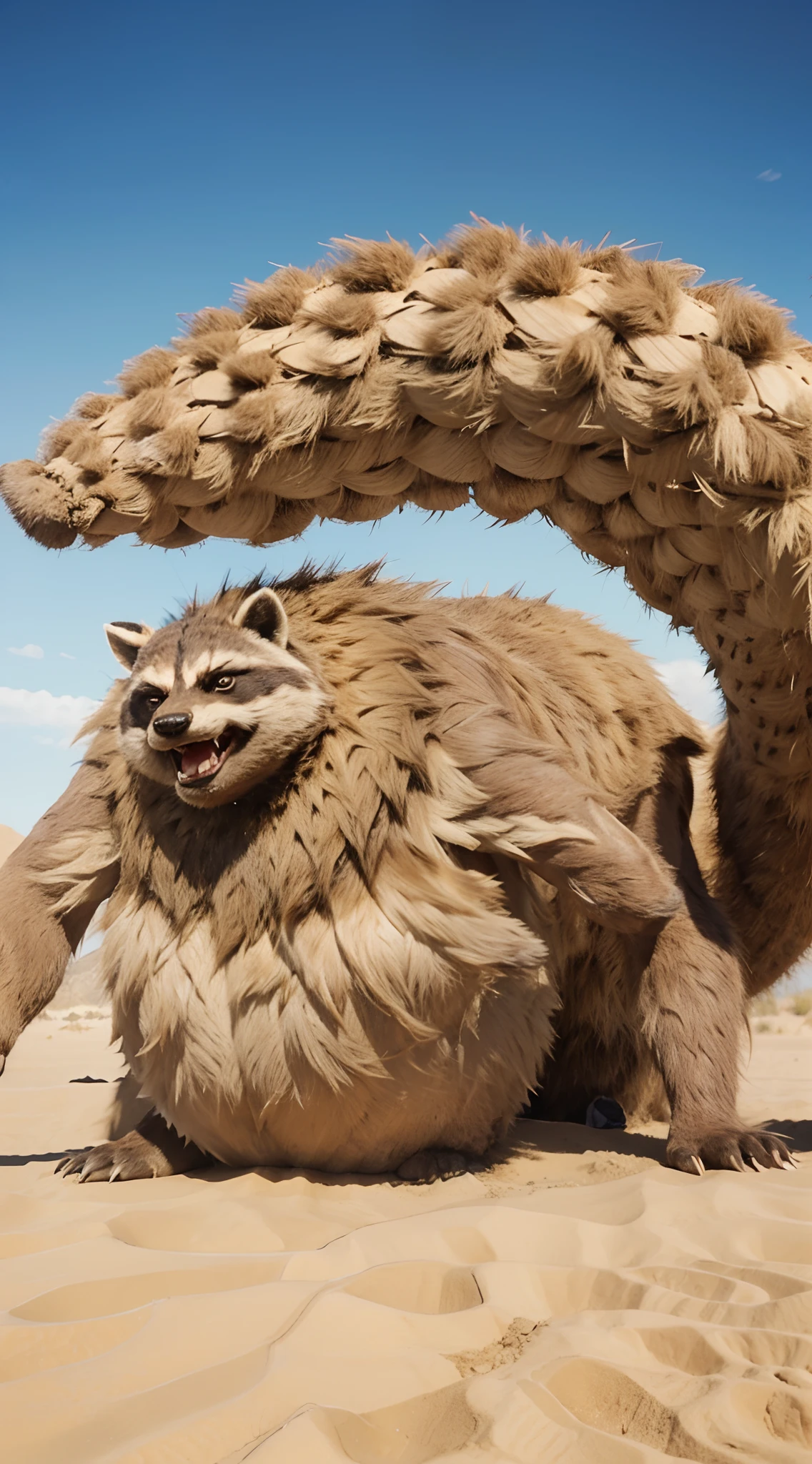 Realistic Giant monster, its head resembles an angry raccoon,same horn, has 1 tail, its entire body is made from sand and has same pattern, realistic light, realistic shadow, realism, hyper realistic,(photorealistic:1.2), realistic desert background,(His hands had a gripped expression)