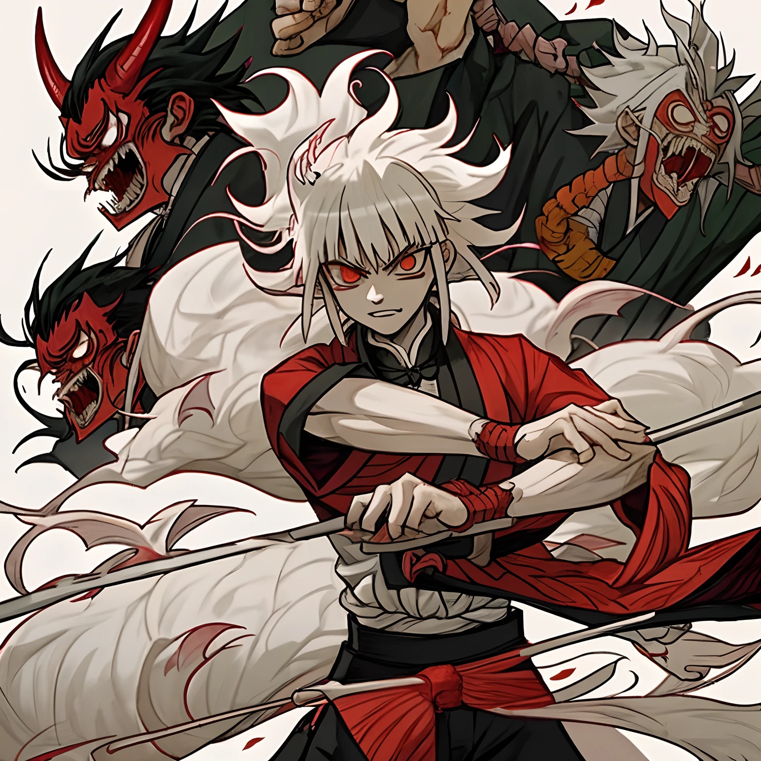 Kimetsu no yaiba style best quality 0.8, Uzui Tengen, a tall, muscular man, a muscular body, a demonic horn over his left eye, a bone double-sided curved knife in his hand, a huge red mark around his right eye,  shoulders, scars on his body