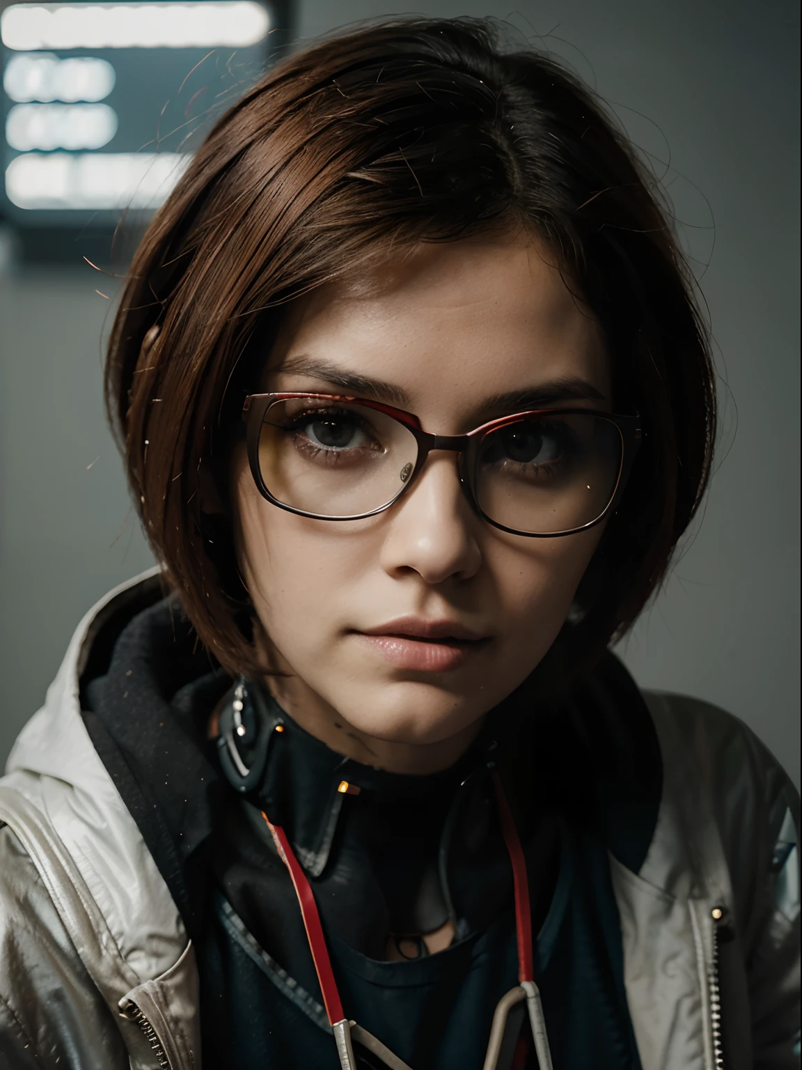 Front view, Looking at camera, Foto RAW,((jaqueta preta estilo cyberpunk:1.2)), ((retrato)), Android robot woman with short red hair, 30 years with big glasses with modern aviator style design, olhos castanhos escuro, olhos perfeitos, ((fundo branco:1.2)), studio lighting, alta qualidade, filmic grain, Fujifilm XT3, Centralizado