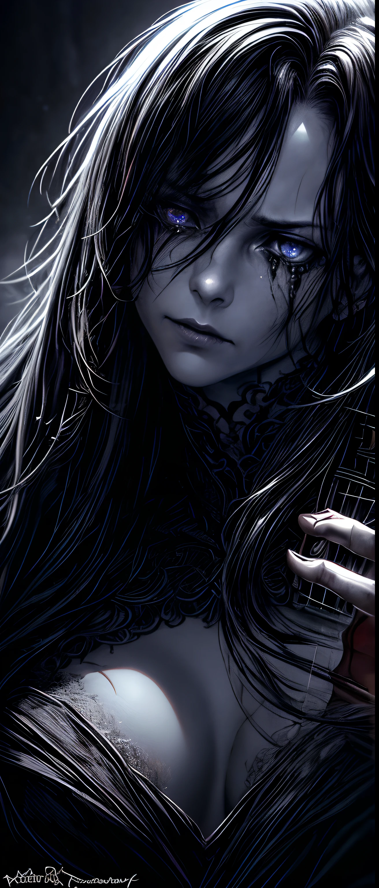(Best quality,4K,8K,A high resolution,Masterpiece:1.2),Ultra-detailed,(Realistic,Photorealistic,photo-realistic:1.37),Dark room,Alavian character playing the violin,Fantastic violin,Calafra couplet,Black metal music art,Dark but intricate digital art,80s style Thomas Allen curling,(Phantom Violin),Tomasz Alen Kopera and CGsociety,dramatic artwork,Stroven gel,Created by Slawomir Maniak,It exhibits a strange and disturbing atmosphere,Dark style,Dark souls,Expressive music,shining sun, Sexy beautiful woman,Charming and gloomy atmosphere,Dark and mysterious,nightmare,Violent beauty,Haunting melody,Symphony of Darkness,Shadow corners and bright light,Hypnotic performance,Tears of grief,Ominous environment,Elegant and memorable,Blacken notes,A brilliant light in the dark,Bright room,Has an insidious charm,Focus on Arauen's amazing eyes, Evoke emotions through her delicate bow strokes,Female portrait