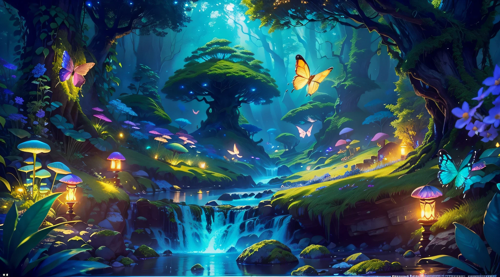 Enchanted mystical forest, neon-colored butterflies, pure blue water river spring, golden mini fairies, glowing mushrooms releasing pollen, extremely beautiful landscape, (ultra-realistic), {extremely detailed 8k CG unit wallpaper}, expansive landscape photography, (a low view that prioritizes the entire scene, (wide open field view), (low angle shot), (high light: 1.5), (low light: 1.0), (warm light source: 1.0), complex details, (iridescent colors: 1.5), (bright lighting), (atmospheric lighting), nature, magical, landscape